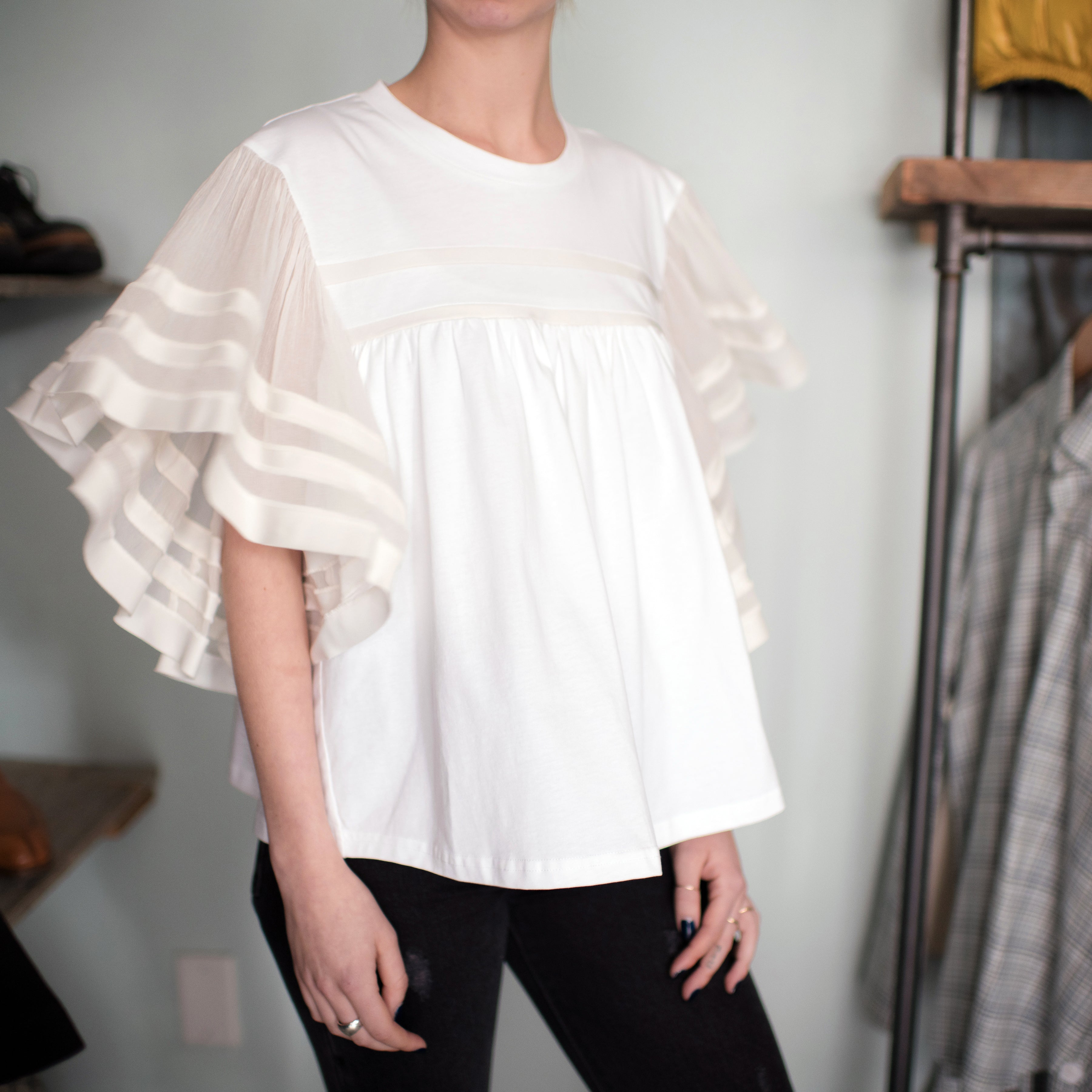 Chloe Spring 2017 Women's White T-Shirt with Ivory Silk Chiffon Ruffle Sleeves - Elegant Blouse for Casual Wear, Office Outfits & Spring Fashion
