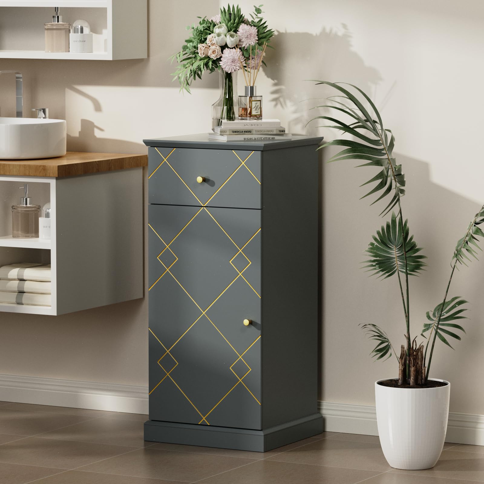 Wooden Bathroom Storage Cabinet with Adjustable Shelves - Freestanding Toilet Organizer with Doors for Bathroom, Living Room & Hallway - Grey - Perfect for Small Space Organization & Home Decor