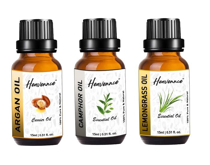 Heavennce Argan Oil, Camphor Oil & Lemongrass Oil Combo Set - Vitamin E Enriched Anti-Aging Skin & Hair Moisturizer - 3 Pack (45ml Each) - Perfect for Daily Skincare Routine, Hair Treatment & Aromatherapy