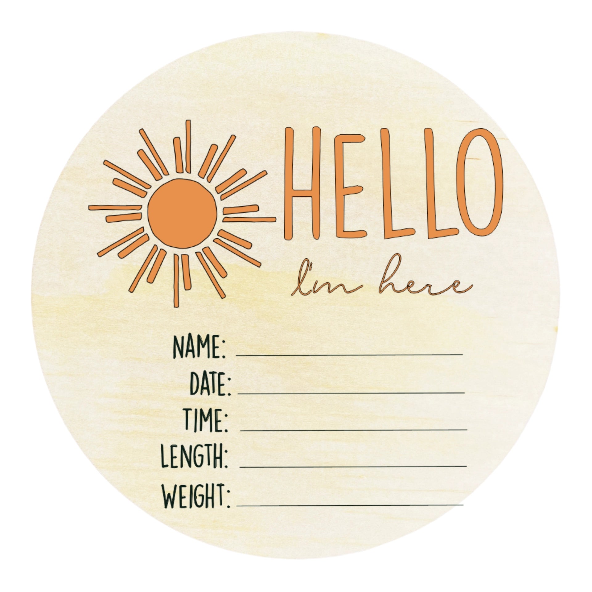 Personalized Wooden Welcome Sign - Hello I'm Here Sun Plaque for Home & Office Decor - Perfect for Front Door, Baby Announcements, and Housewarming Gifts