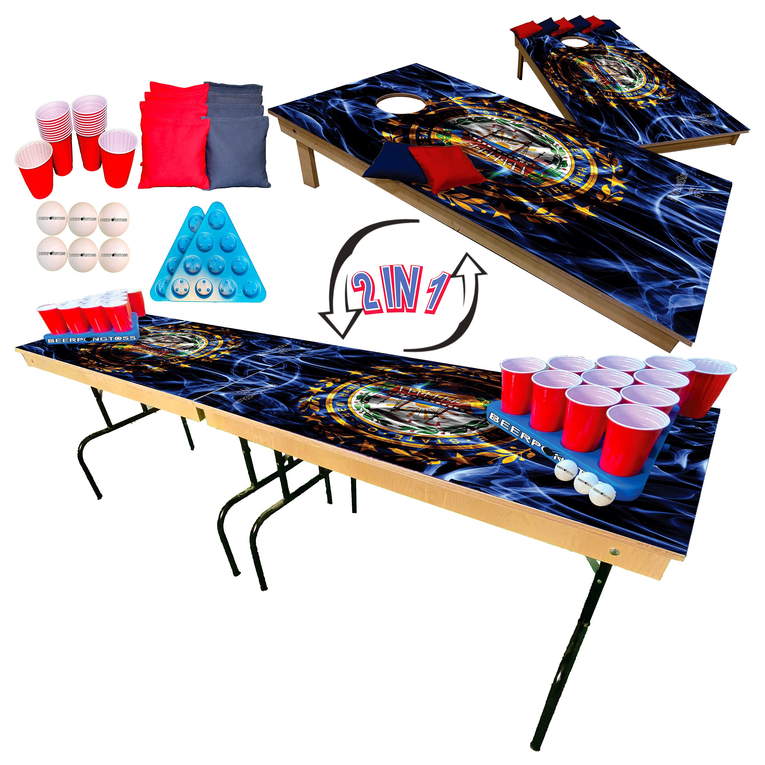 2-in-1 Cornhole & Tailgate Pong Table - New Hampshire State Flag Design - Perfect for College Parties, Tailgates & Outdoor Games - Includes 8Ft Table, 2 Cornhole Boards (4x2Ft), 8 Cornhole Bags, 22 Cups, 6 Balls & 2 Racks - Great for Backyard BBQs, Game Nights & Sporting Events