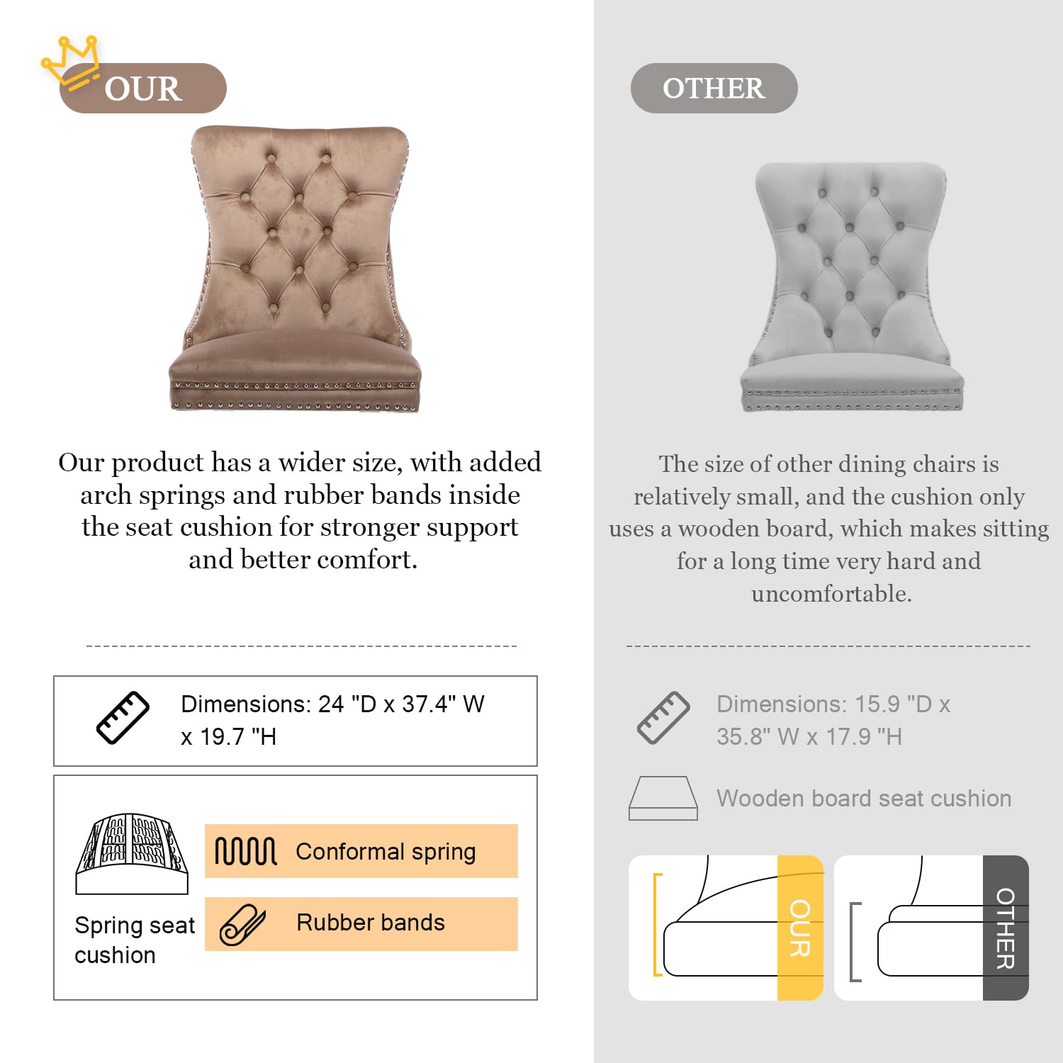 Kiztir Velvet Dining Chairs Set of 4 - Upholstered Tufted Accent Chairs with Ring Pull Trim & Button Back, Modern Luxury Dining Room Chairs for Kitchen, Living Room & Bedroom - Perfect for Home Decor & Dinner Parties (Khaki)