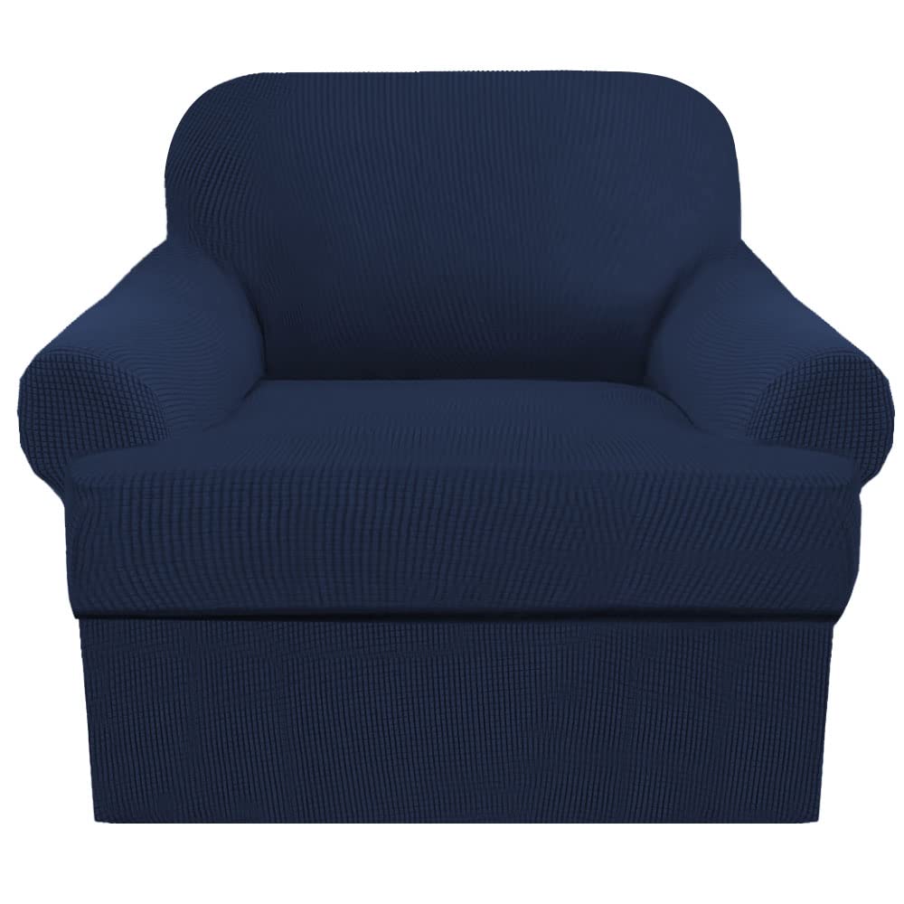 2-Piece T-Cushion Sofa Slipcovers - Thick Stretchable Couch Cover Furniture Protector for 1-Cushion Sofa with Washable T-Cushion Covers - Navy Blue (Fits Chair & Loveseat) - Perfect for Living Room, Office & Home Decor Protection