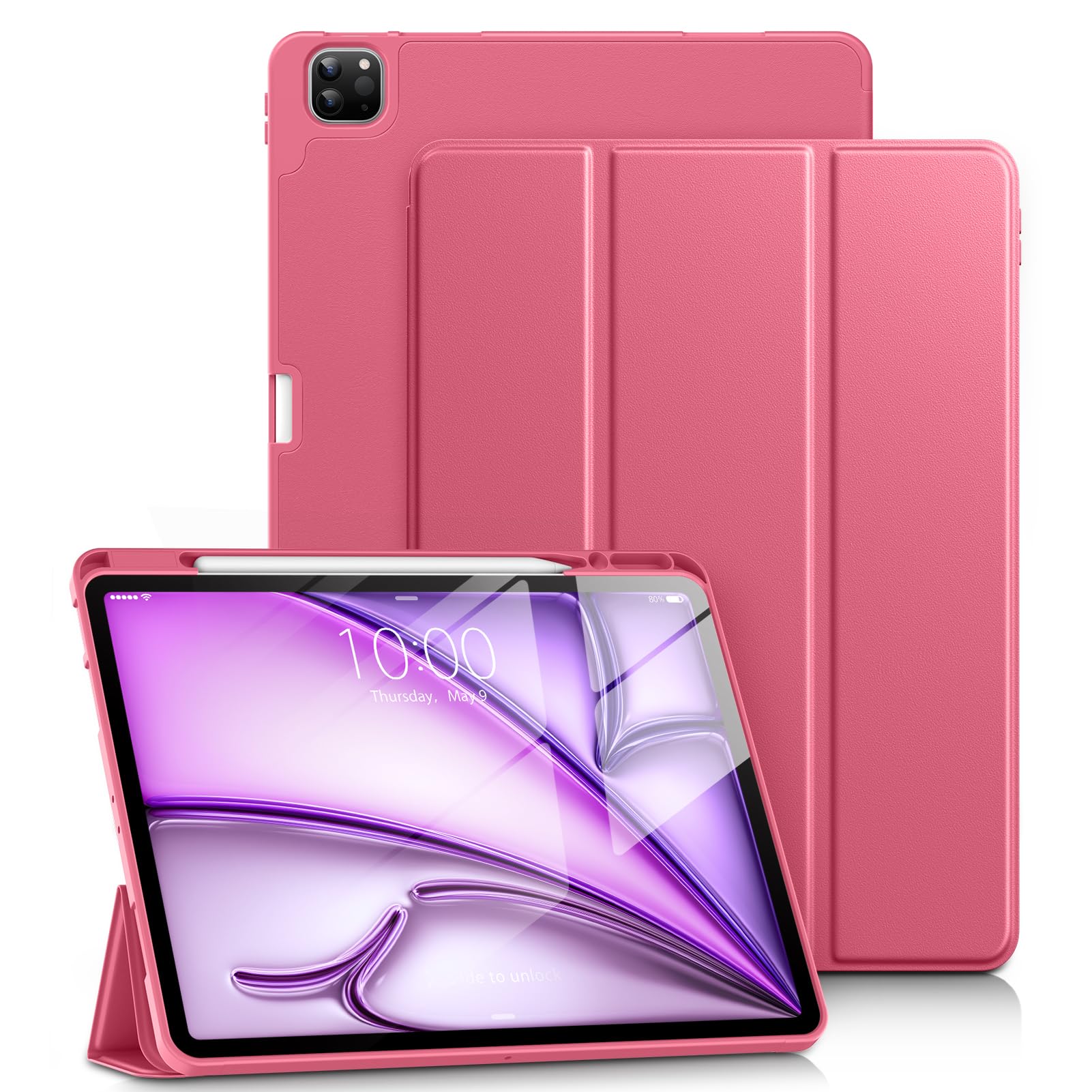 DTTO iPad Air 13 Inch Case M3/M2 2025/2024 & iPad Pro 12.9 Inch Case (6th/5th/4th/3rd Gen) - Slim Trifold Stand Smart Cover with Apple Pencil Holder - Rose Red A2 - Perfect for Work, Study & Travel Protection