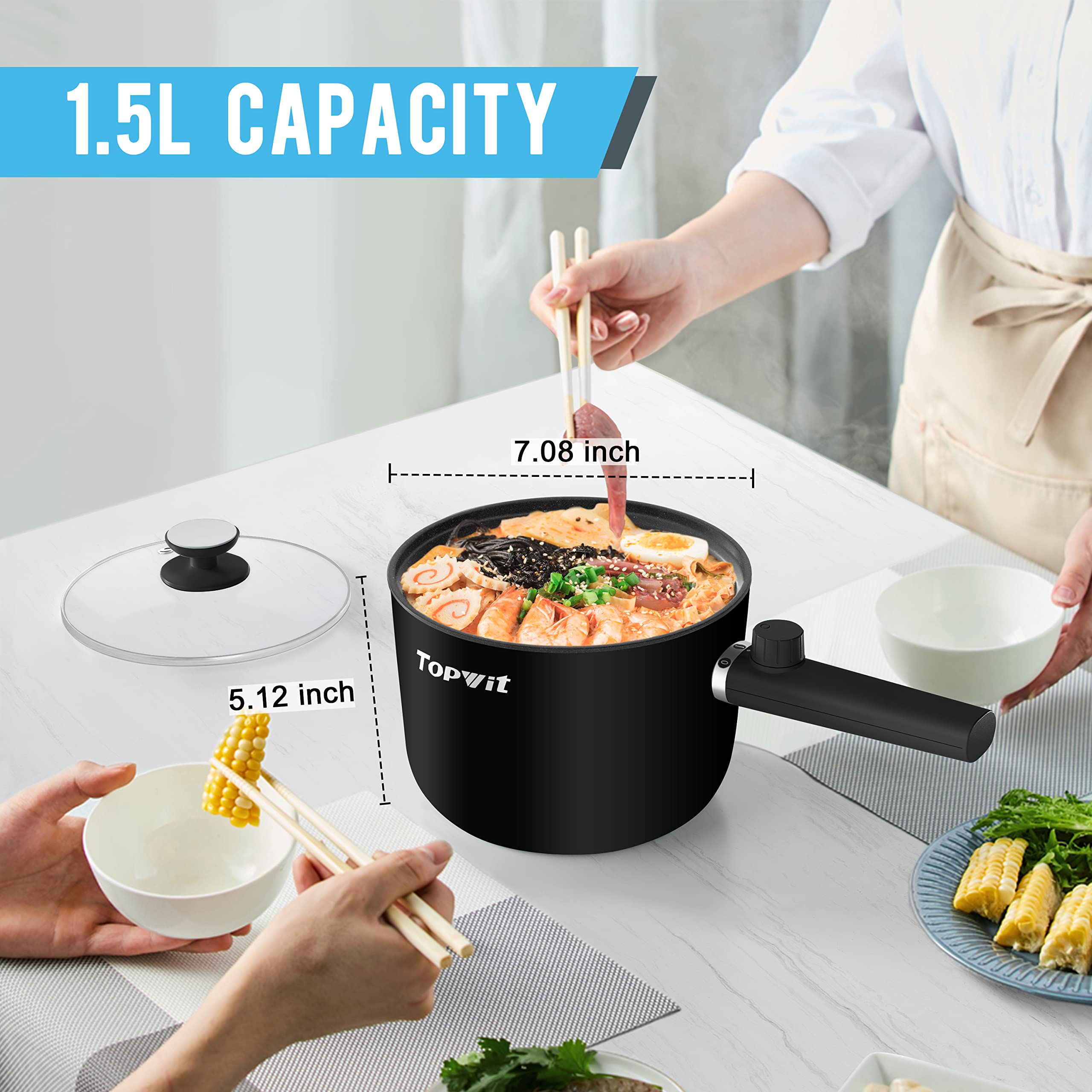 Topwit 1.5L Electric Hot Pot & Ramen Cooker - Portable Non-Stick Frying Pan for Pasta, Steak, Soup - BPA Free with Dual Power Control & Overheat Protection - Perfect for Dorm, Office, Camping & Small Kitchen Cooking