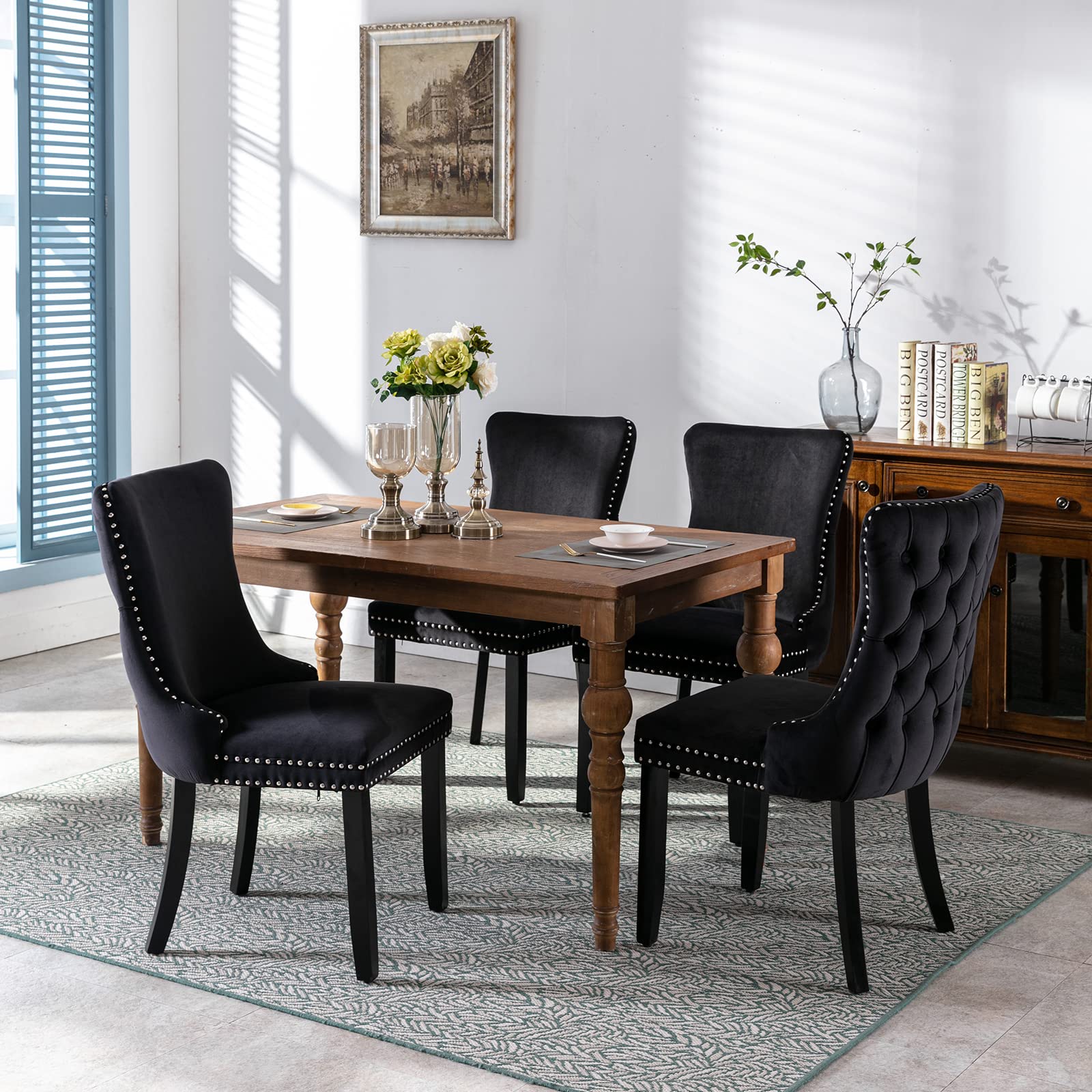Luxury Black Velvet Dining Chairs Set of 4 - Tufted Backrest, Solid Wood Frame Upholstered Chairs for Kitchen & Dining Room - Elegant Home Decor for Dinner Parties & Family Gatherings (Black, 4 Pieces)