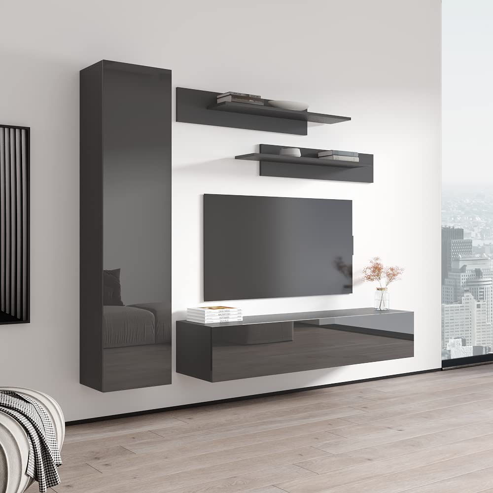 Modern Wall-Mounted TV Stand with Storage & LED Lights - Meble Fly G30 Entertainment Center for Living Room & Bedroom - Floating TV Console with Shelves (Gray) - Perfect for Small Spaces & Home Theater Setups