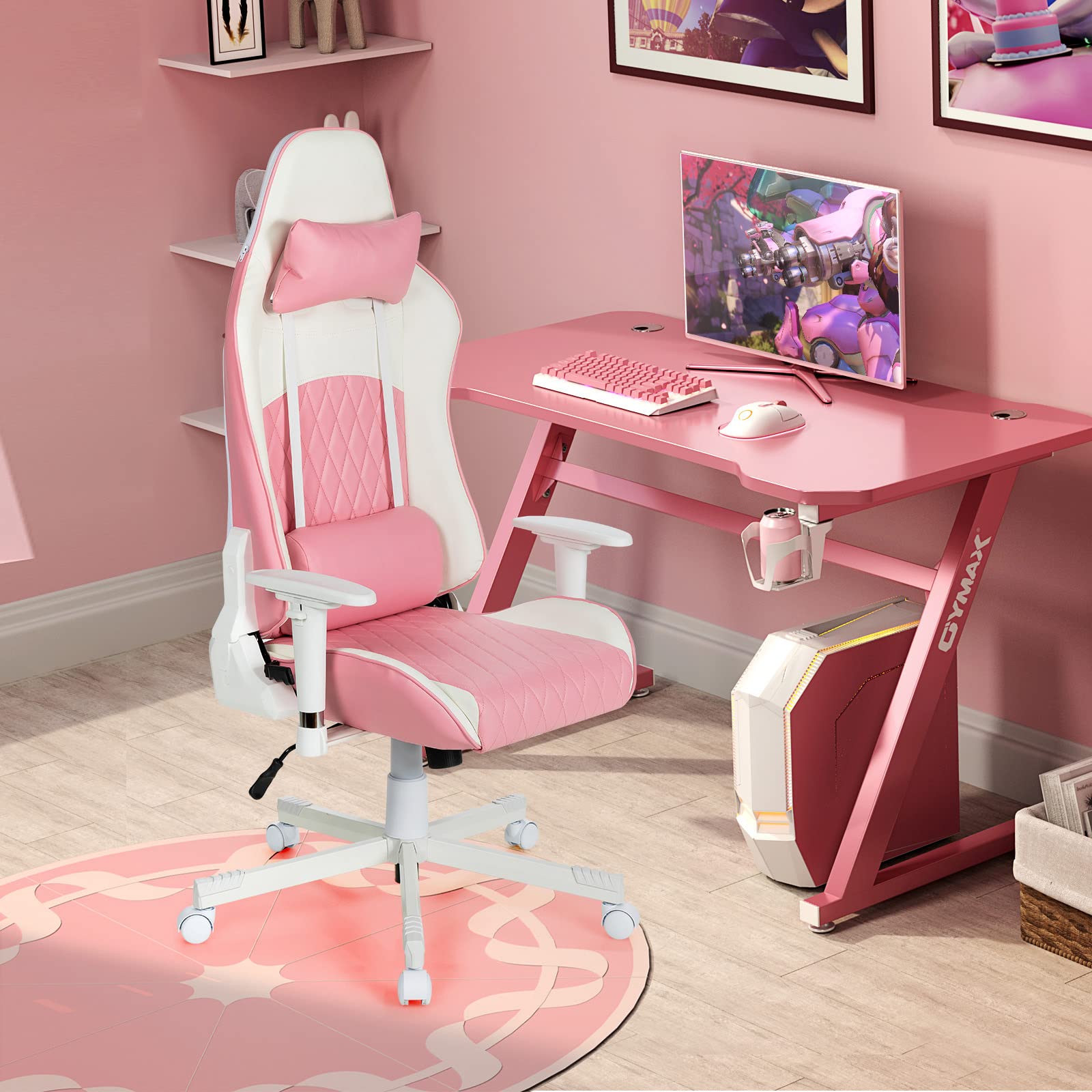Powerstone Ergonomic Massage Gaming Chair - Adjustable Armrest, High Back Swivel Racing Style Office Chair with Premium PU Leather (Pink/White) - Perfect for PC Gaming, Home Office & Esports Setup