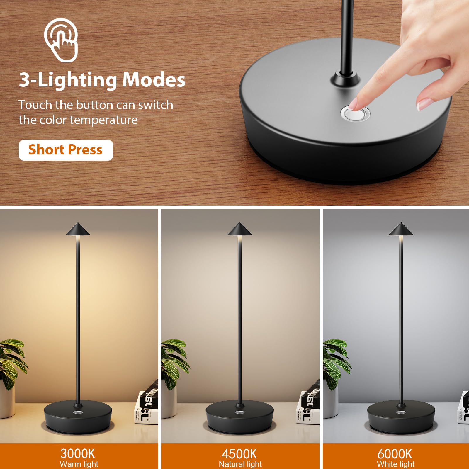 2 Pack Rechargeable Cordless LED Table Lamp - 6000mAh Battery Powered USB Desk Light with 3 Brightness Levels, Metal Base, Portable for Home, Office, Restaurant & Outdoor Use (Black) - Perfect for Reading, Camping, Emergency Lighting and Nightstand Decor