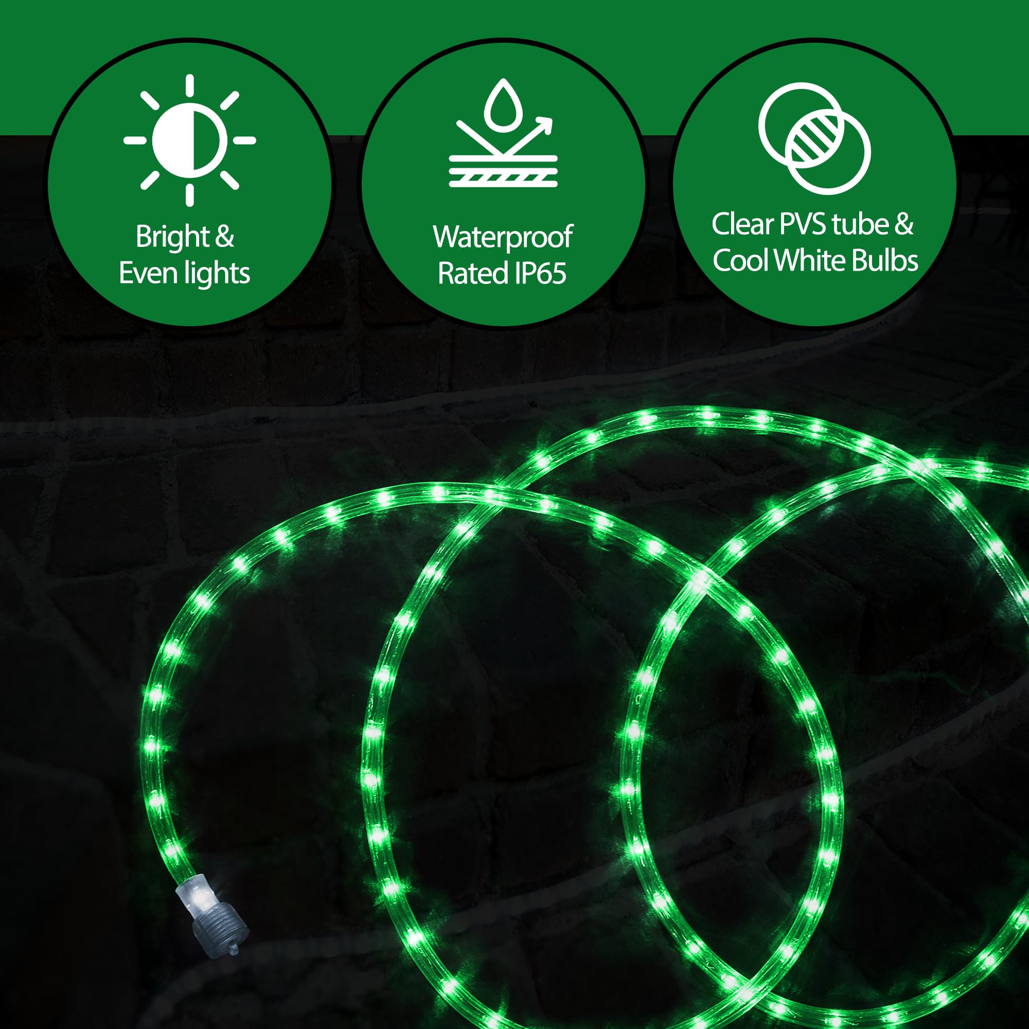 Tupkee 24ft Green LED Rope Lights - 10mm Diameter Waterproof Outdoor/Indoor Decorative Lighting with 144 Long-Life LEDs (2 Pack) - Perfect for Patio, Garden, Party & Holiday Decorations