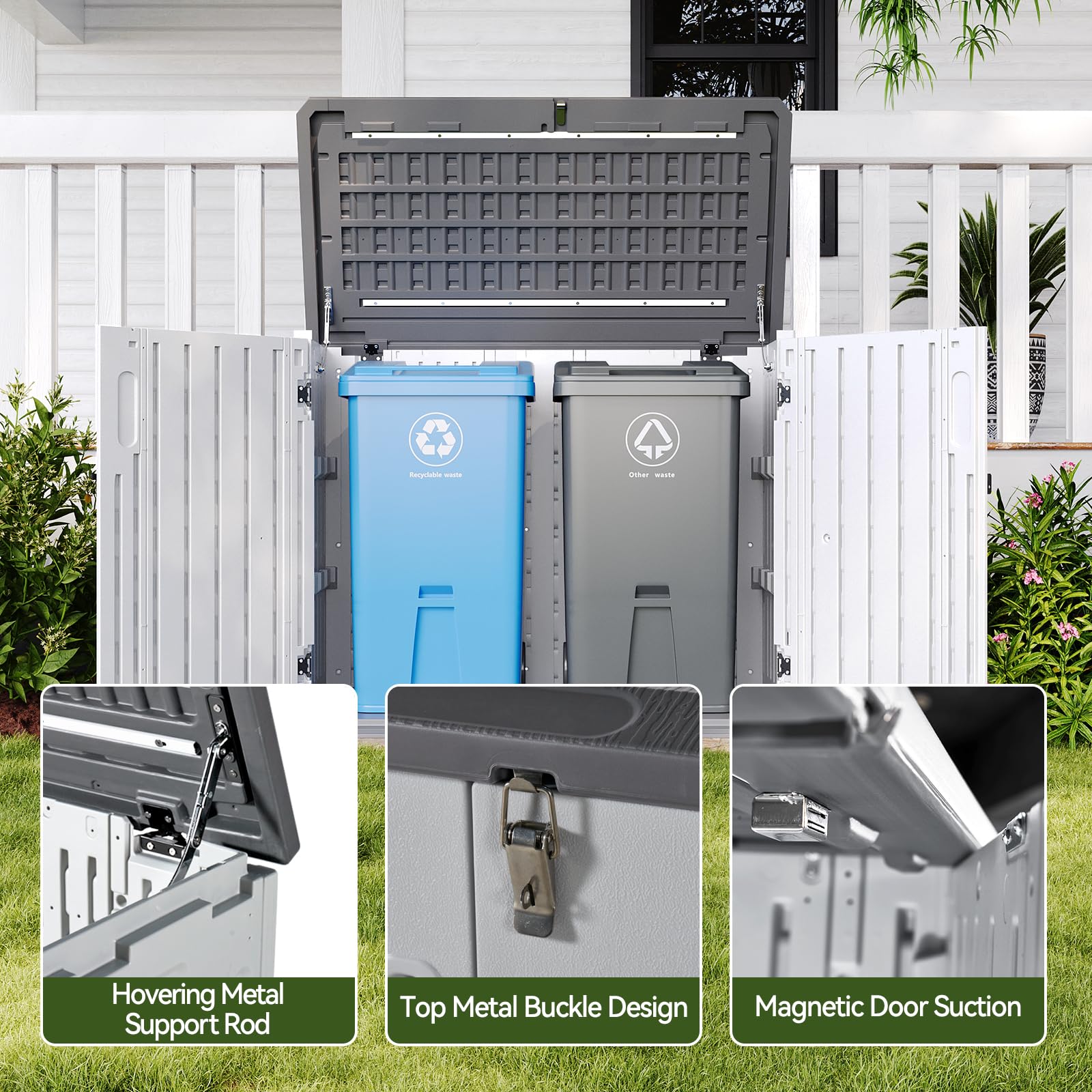**Aoxun 35 Cu.Ft Outdoor Storage Cabinet – Waterproof Horizontal Trash Can Shed for Garbage Bin, Generator & Lawn Mower – Perfect for Backyard, Patio & Garage Organization (White)**