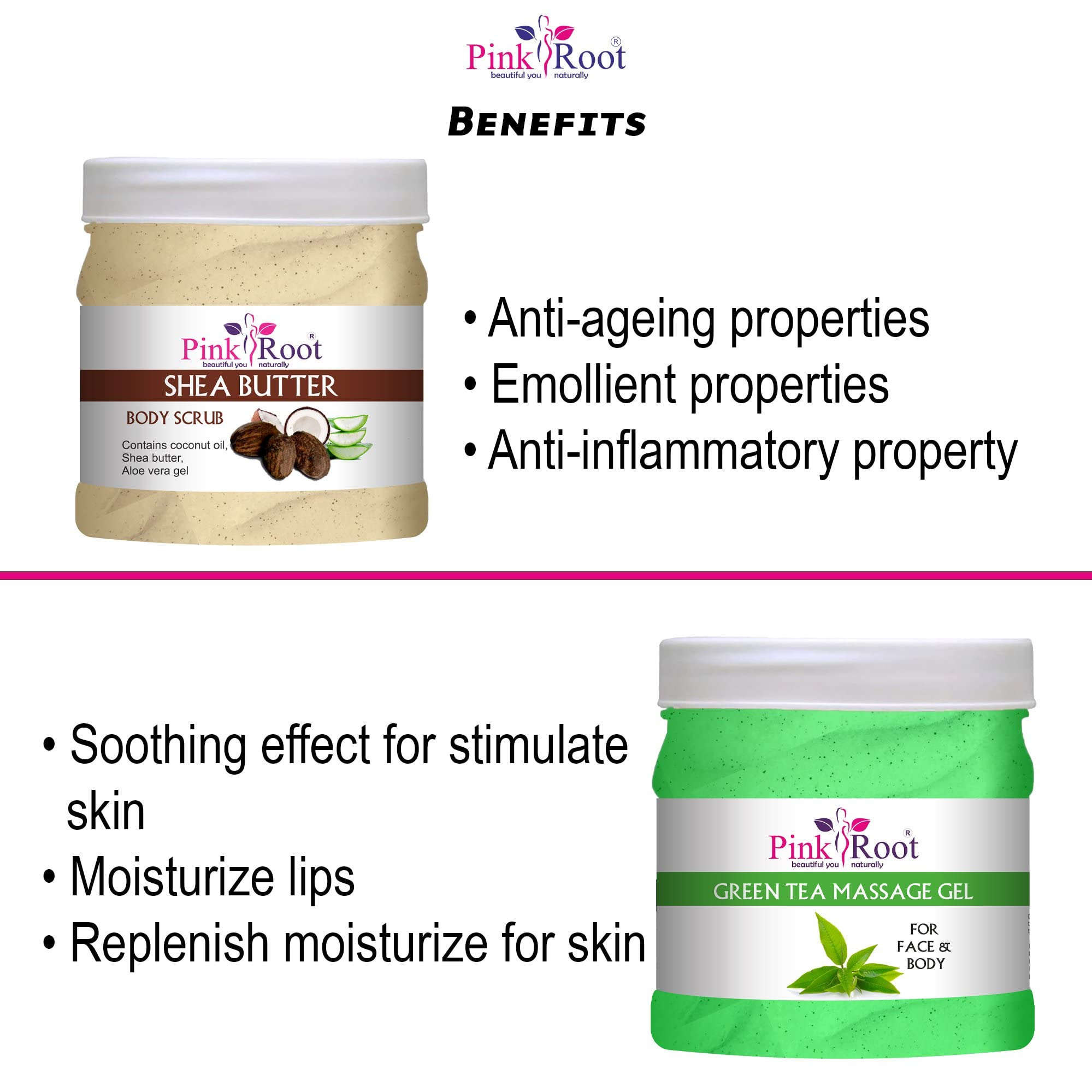 Organic Pink Root Green Tea Massage Gel & Shea Butter Scrub Set - 500ml Each for Relaxation, Skin Hydration & Exfoliation - Perfect for Spa, Home Massage & Self-Care Routines