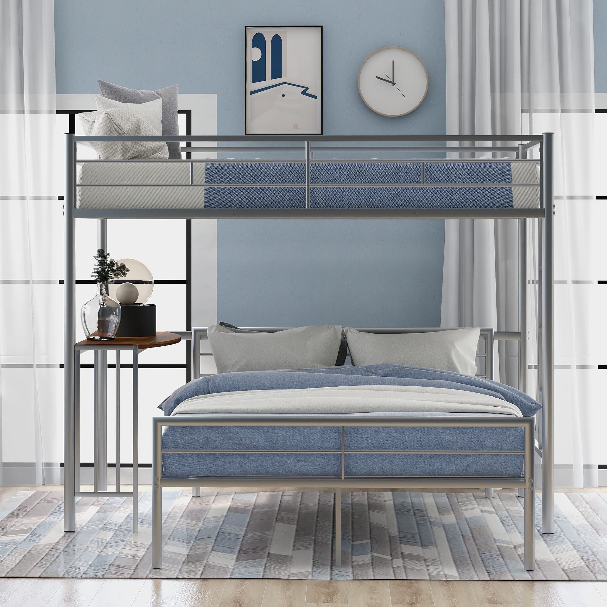 Harper & Bright Designs Twin Over Full Bunk Bed with Study Desk - Metal Bunk Bed for Kids & Teens - Converts to Loft Bed or Platform Bed - Space Saving Bedroom Furniture for Small Rooms - Silver Finish (New)