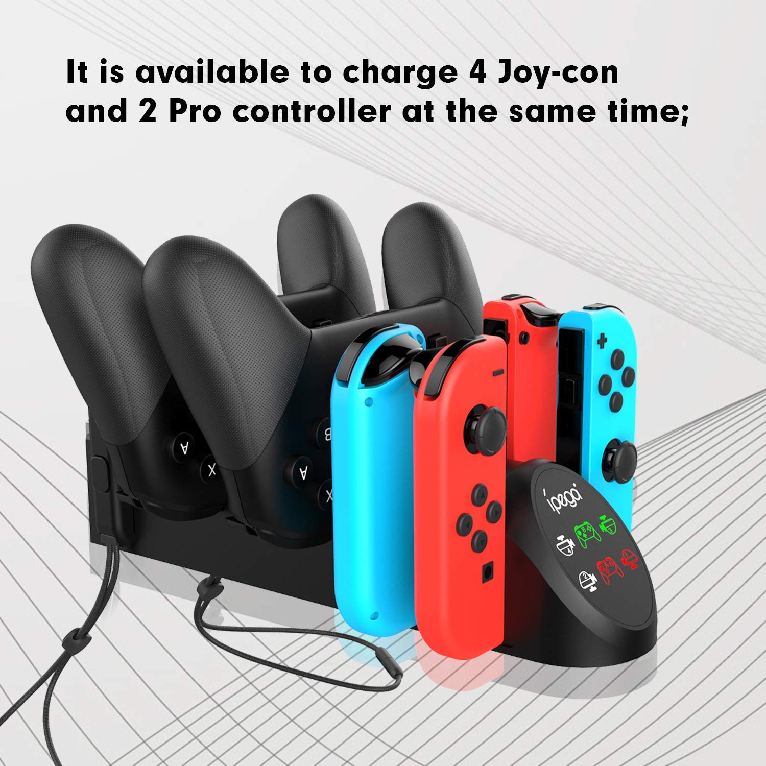 ECHZOVE Nintendo Switch Controller Charger - Fast Charging Dock for 4 Joy-Con & 2 Pro Controllers with USB 2.0 Ports | Includes 2 Joy-Con Wrist Straps | Perfect for Multiplayer Gaming Sessions & Family Game Nights (Not Compatible with PowerA Pro Controllers)