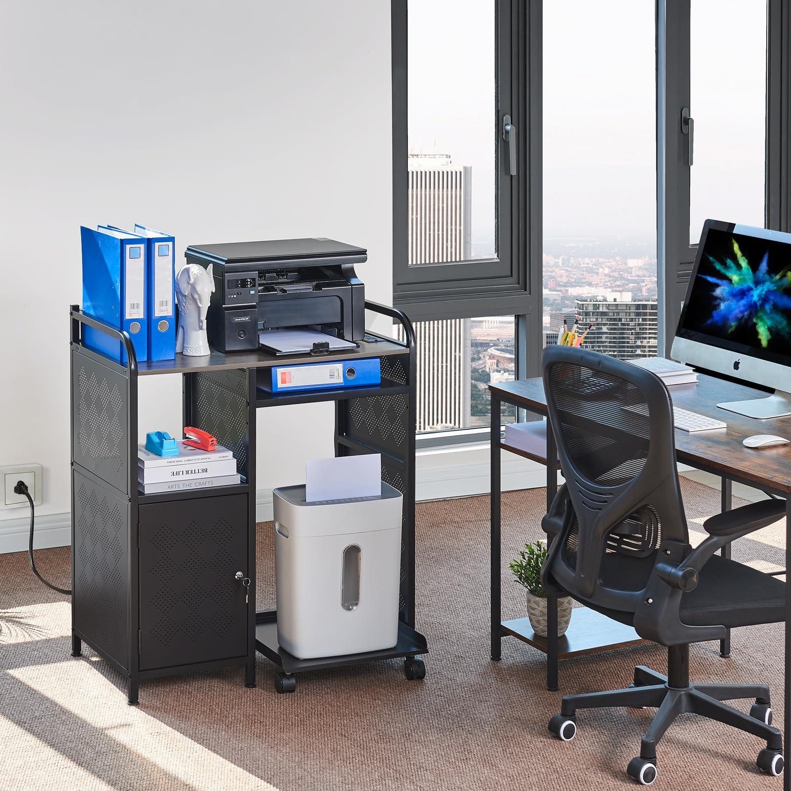 Heavy-Duty Printer Stand with Storage - Adjustable Printer Table with Power Outlet & USB Ports - Home Office Desk Organizer with Paper Shredder Shelf & PC Tower Stand on Wheels - Perfect for Workspace Organization & Multi-Functional Home Office Setup
