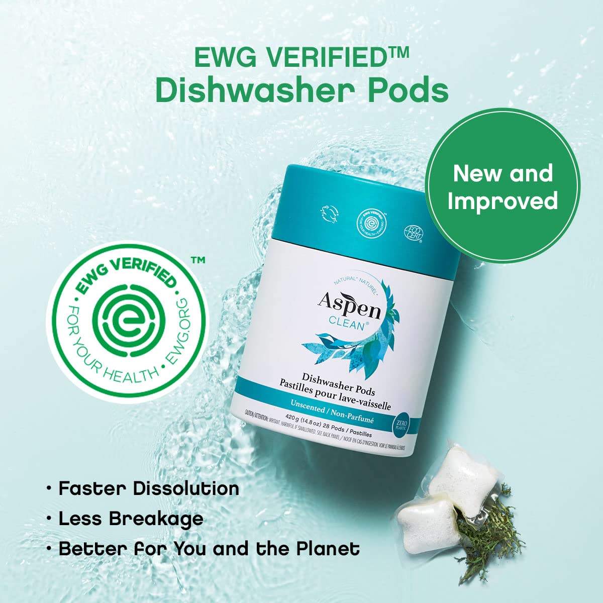 AspenClean Unscented Dishwasher Pods - Dye-Free, Plastic-Free, EWG Verified™, Vegan & Eco-Friendly Natural Dishwasher Detergent (28 Count) - Perfect for Sensitive Skin & Sustainable Kitchens