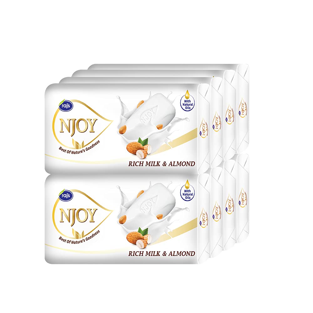 Raj Njoy Bathing Soap - Rich Milk & Almond Moisturizing Bar (125g, Pack of 8) | Gentle Cleansing for Dry & Sensitive Skin | Perfect for Daily Shower, Spa & Gift Sets