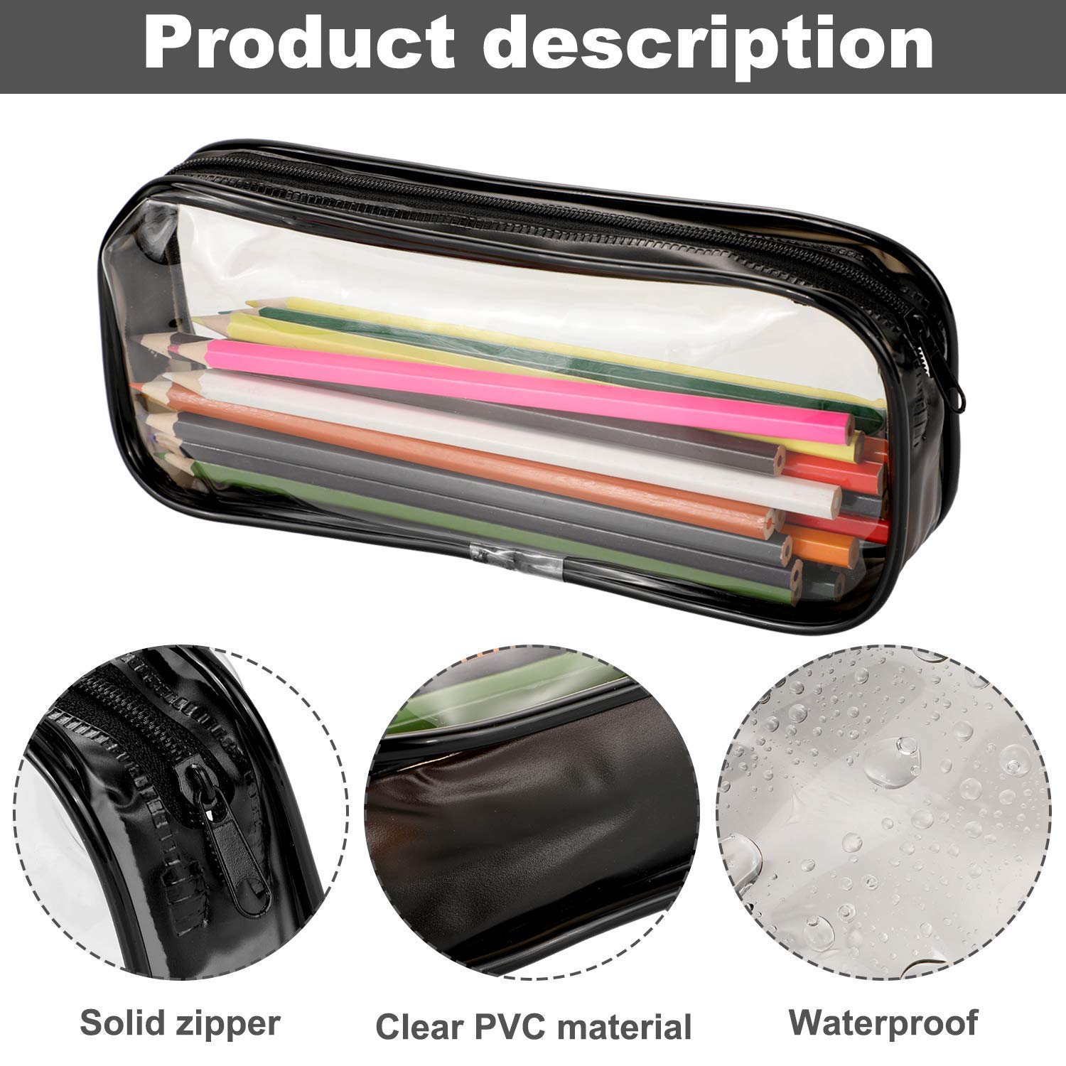 Rolybag Clear PVC Zipper Pencil Case - Waterproof Travel Toiletry & Cosmetic Organizer for Makeup Brushes, School Supplies, Office Essentials - Portable Storage for Home, Office & Travel (Black & White)