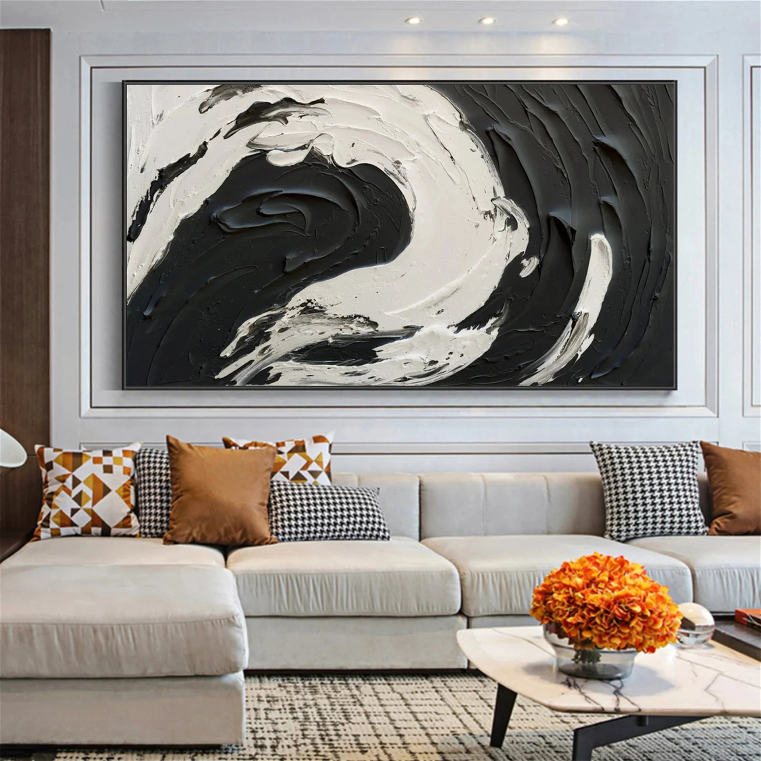 Black and White Textured Minimalist Wall Art Print - Modern Abstract Canvas Painting for Living Room, Bedroom & Office Decor #MZ052