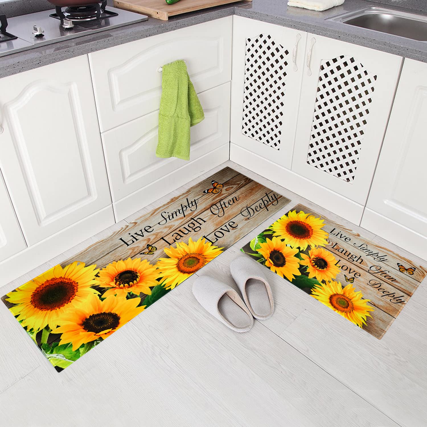 2-Pack Sunflower Kitchen Rugs - Non-Slip Washable Anti-Fatigue Mats with Wooden Background - Farmhouse Decor for Standing Comfort (17x30 + 17x47 Inches) - Perfect for Kitchens, Entryways, and Laundry Rooms