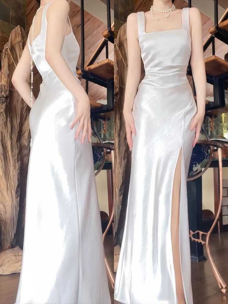 Elegant White Sheath Long Prom Dress with High Slit - Formal Evening Gown for Wedding, Homecoming, and Special Occasions - Style J3663