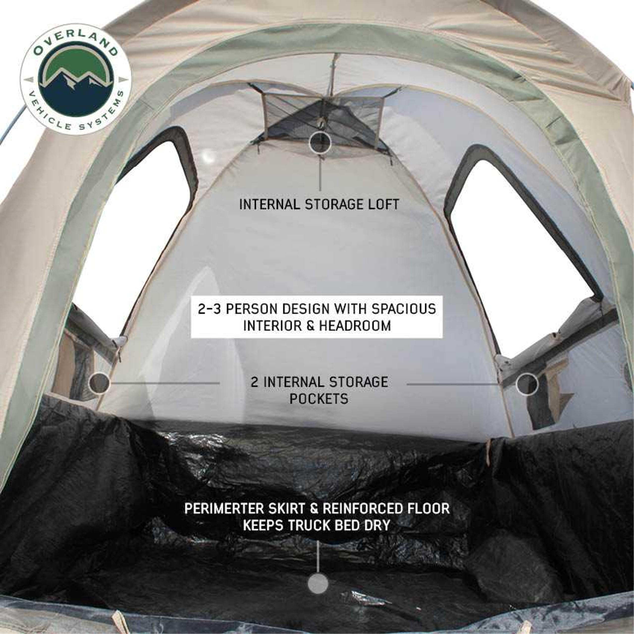 Overland Vehicle Systems LD TACT Truck Bed Tent - Waterproof Camping Tent for Pickup Trucks with Tan Body & Green Rainfly - Perfect for Outdoor Adventures, Road Trips, and Off-Grid Camping