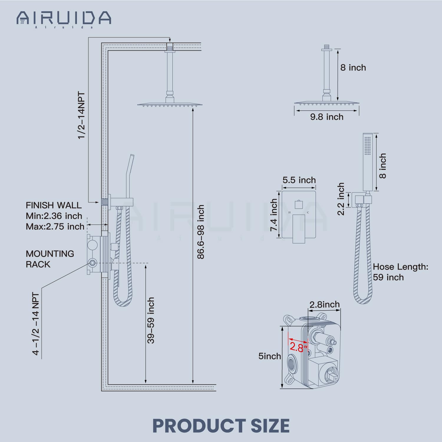 Airuida Brushed Nickel Ceiling Mount Shower System - 10 Inch Square Rainfall Shower Head with 2-Function High Pressure Combo, Brass Rough-in Valve & Handheld Shower Faucet Set for Luxurious Spa-Like Bathroom Experience