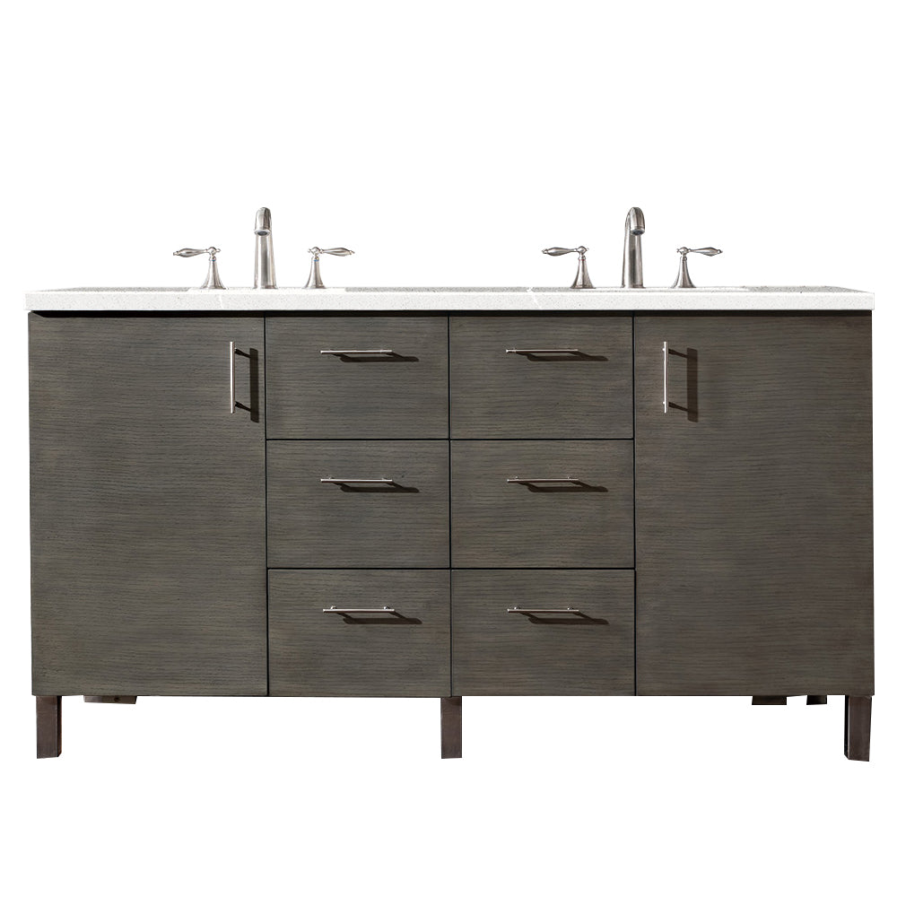 Metropolitan 60 Inch Double Bathroom Vanity in Silver Oak with 3CM Eternal Serena Quartz Countertop - Perfect for Master Bathroom Renovation & Modern Home Decor