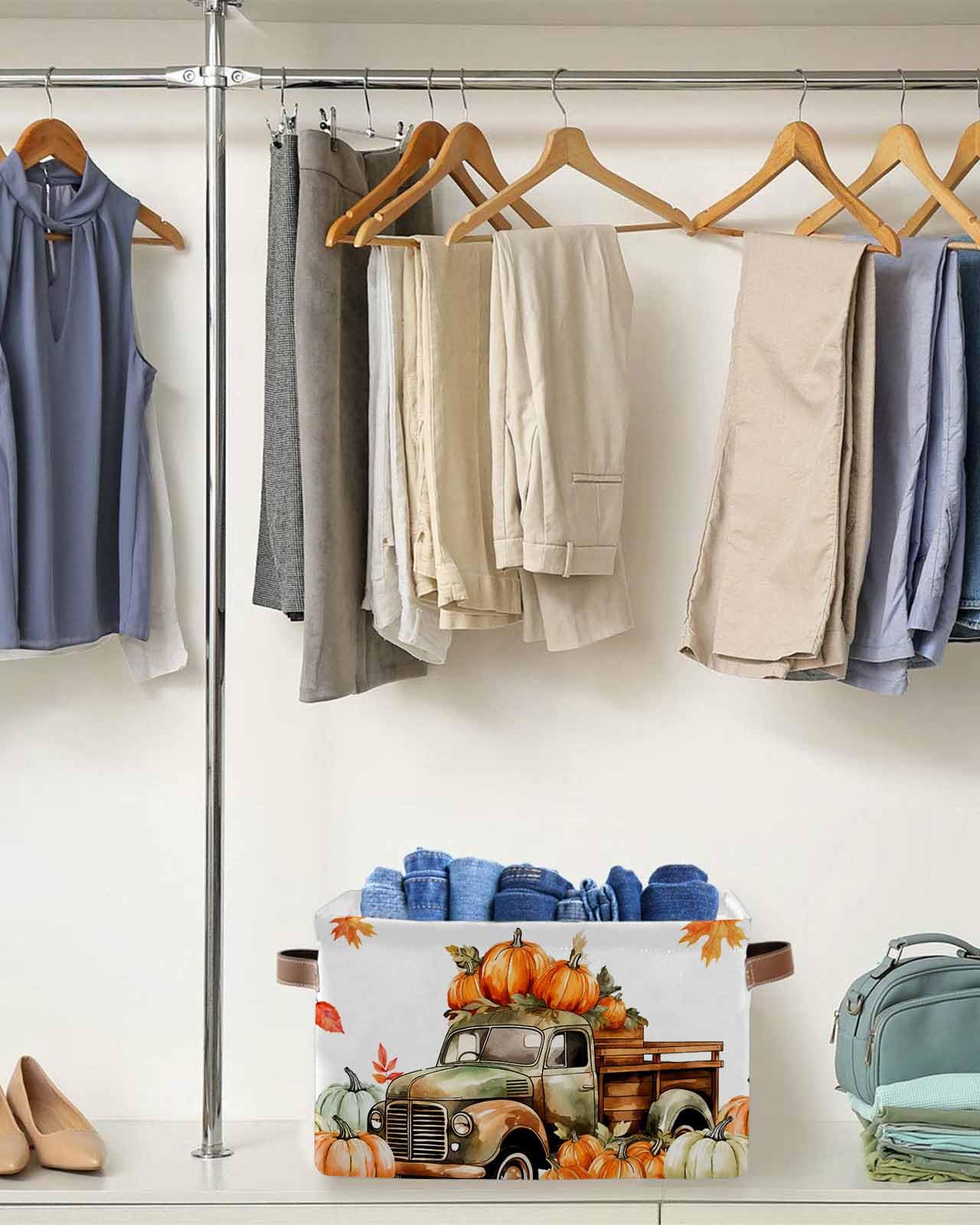 2 Pack Collapsible Storage Baskets with Handles - Farmhouse Pumpkin & Maple Leaf Design Organizer Bins for Nursery Toys, Laundry, Closet Organization | Perfect for Fall Decor, Thanksgiving Home Storage & Farmhouse Shelves Display