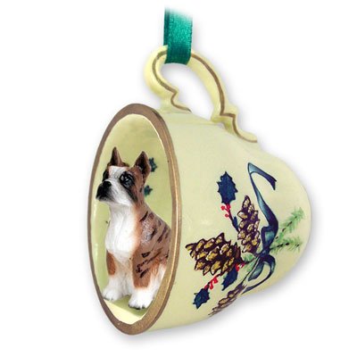 Boxer Green Holiday Tea Cup Dog Ornament - Brindle | Christmas Tree Decoration for Pet Lovers | Perfect Gift for Dog Owners