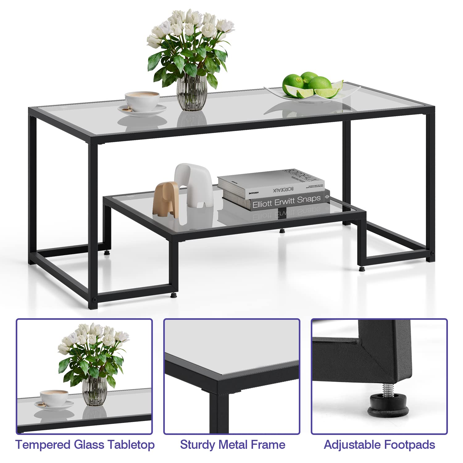 NAFORT 45 Inch Gold Rectangular Tempered Glass Coffee Table with Lower Storage Shelf - Modern Living Room Center Table for Home Decor (Black) | Perfect for Small Spaces, Apartments & Contemporary Interiors