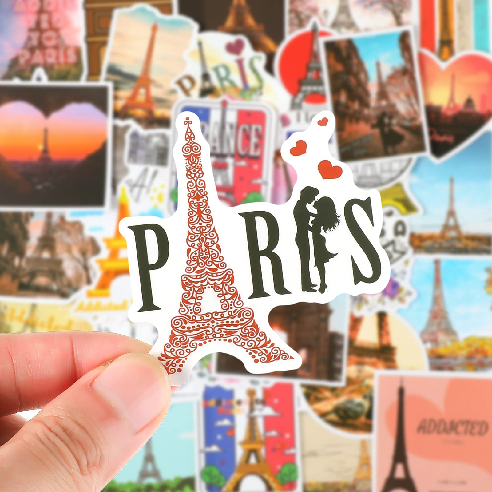 100 Pcs Paris Stickers - French Style Vinyl Decals with Eiffel Tower & US States - Vintage Travel Stickers for Water Bottles, Laptops, Scrapbooking & DIY Crafts