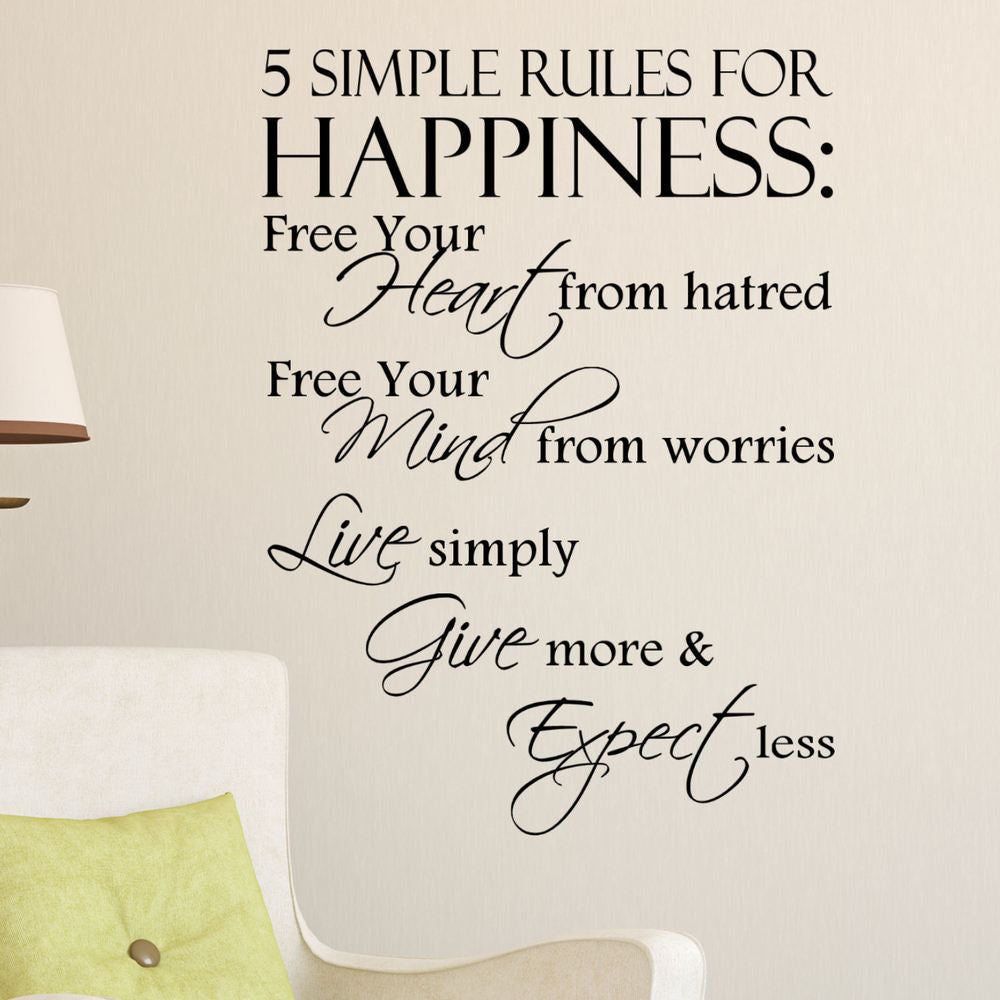 5 Simple Rules For Happiness Vinyl Wall Art Decal Quote - Inspirational Home Decor for Living Room, Bedroom & Office