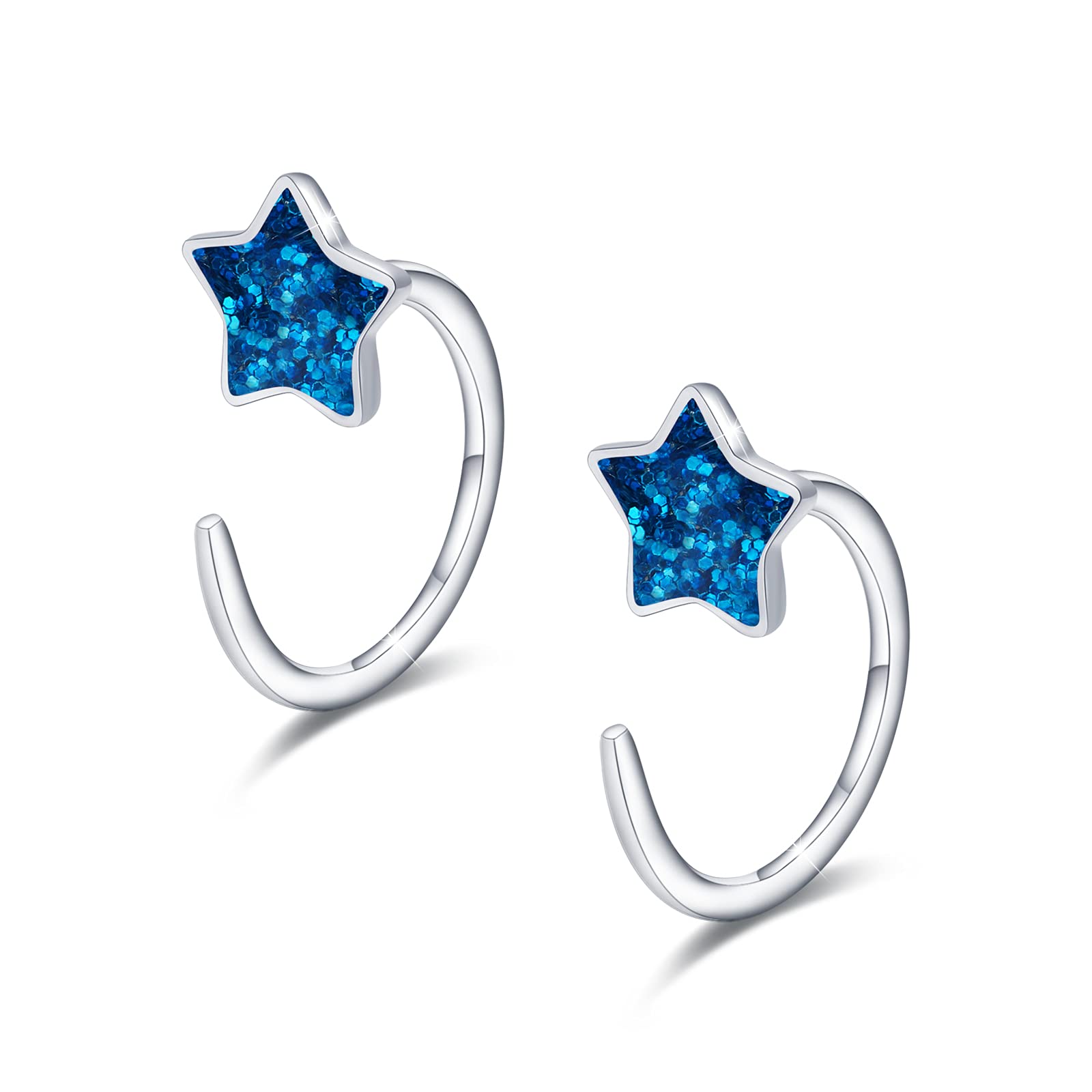 Moonstone & Turquoise Star Hug Hoop Earrings - 925 Sterling Silver Tiny Huggie Hoops, Cartilage & Half Hoop Earrings for Women & Girls | Perfect for Everyday Wear, Parties & Gifts