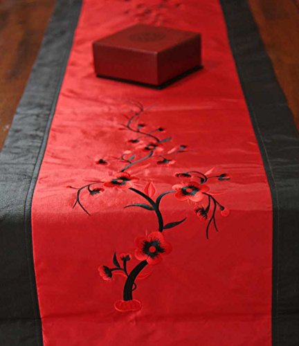 Handmade Silk Embroidered Table Runner with Red Plum Blossom Design - Vietnamese Craftsmanship - Perfect for Dining Table Decor, Wedding Centerpiece & Home Decoration - STR30