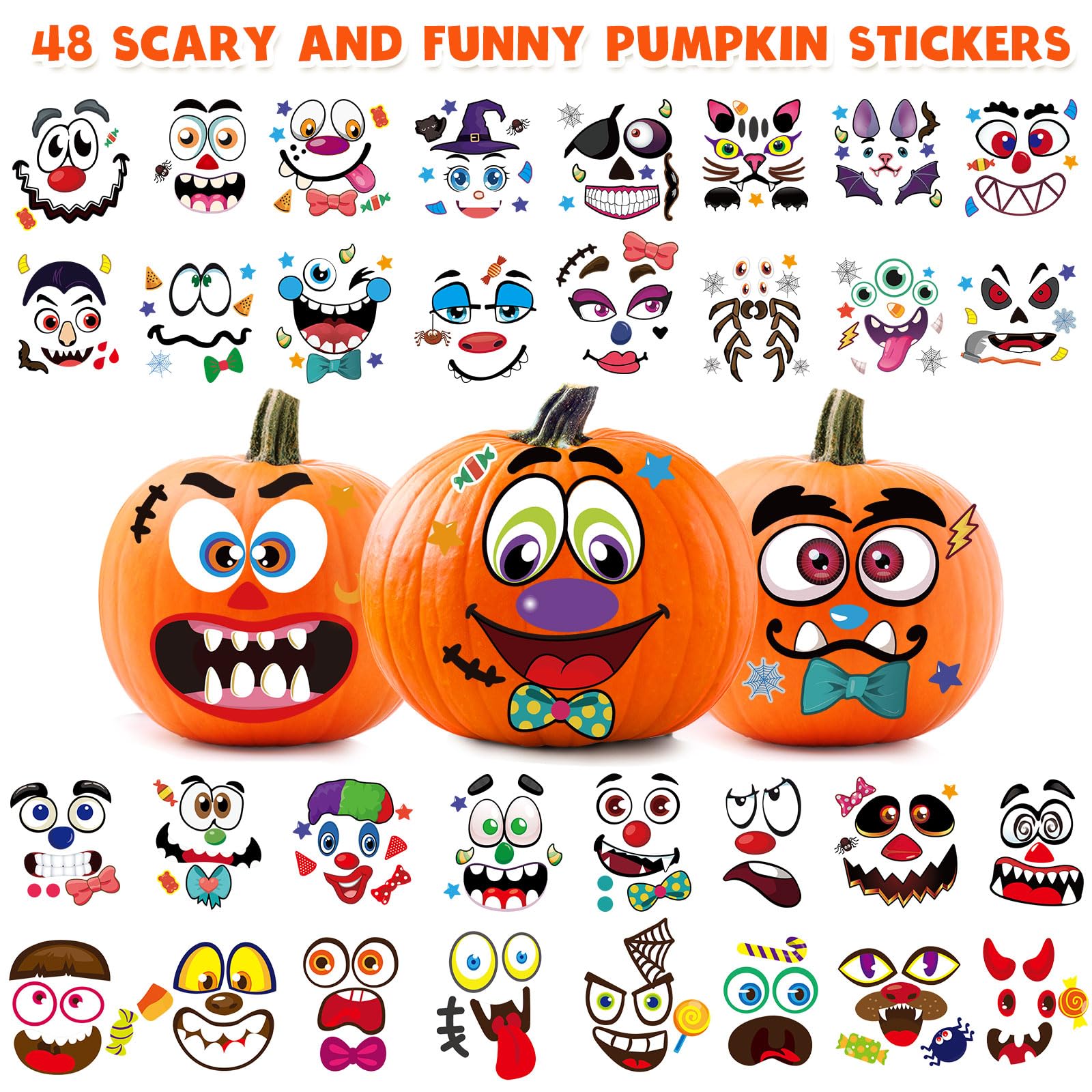 Halloween Stickers for Kids - 48 Large Pumpkin Face Decorating Stickers Bulk Pack | Perfect for Classroom Crafts, Party Favors & DIY Halloween Decorations
