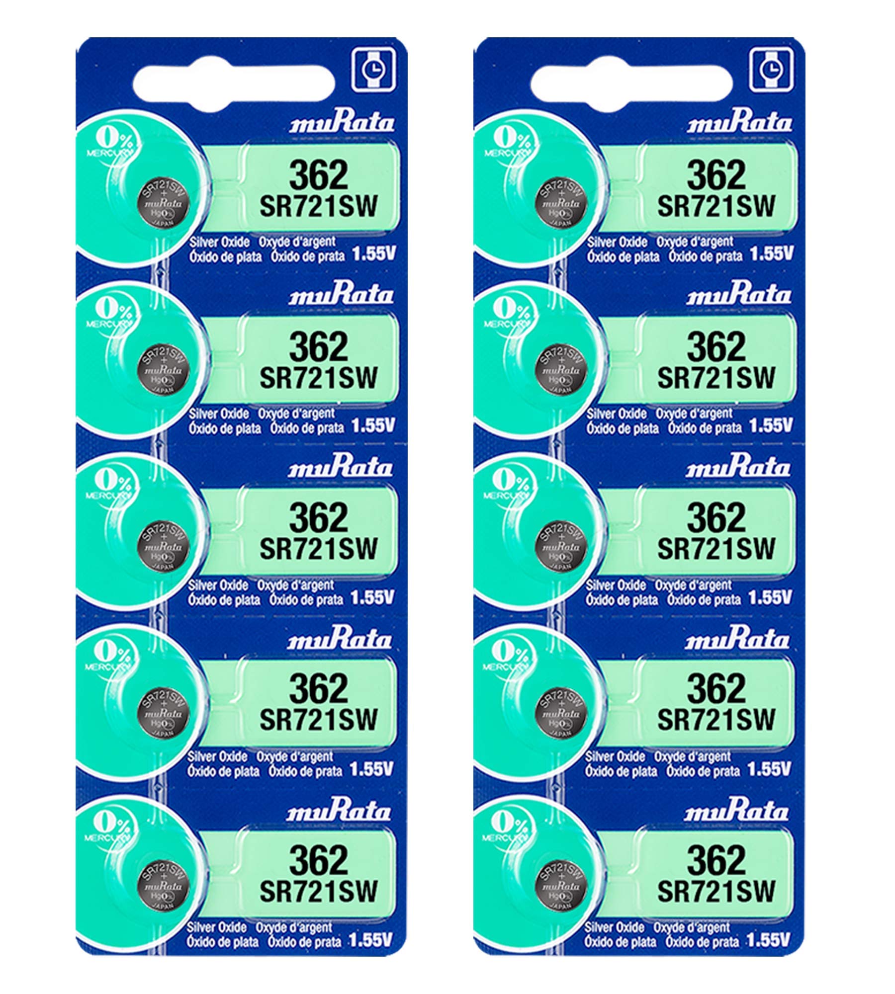 Murata 362 Battery SR721SW 1.55V Silver Oxide Watch Button Cell - 10 Pack - Long-Lasting Power for Watches, Calculators, and Small Electronics