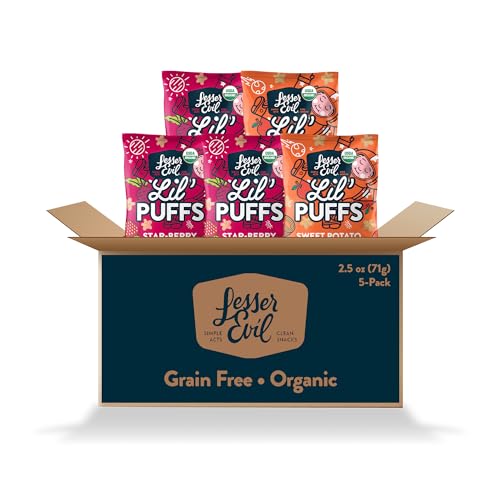 Organic Kids Snacks - LesserEvil Lil' Puffs Variety Pack (5 Pack) | Sweet Potato Apple & Strawberry Beet | Rice-Free, 0g Sugar | Healthy Toddler Snacks for School, Travel & On-the-Go | 2.5 Oz Each