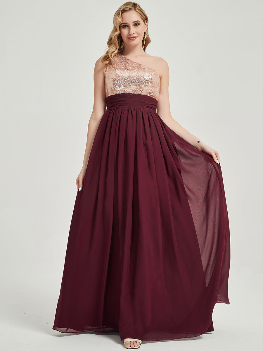Elegant One Shoulder Sleeveless Chiffon Sequin Maxi Bridesmaid Dress - Formal Evening Gown for Weddings, Prom, Parties & Special Occasions