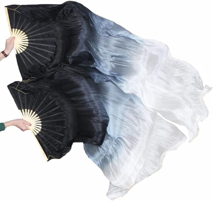 Handmade Silk Belly Dance Fan Veils - Long Bamboo Fans for Women Performances