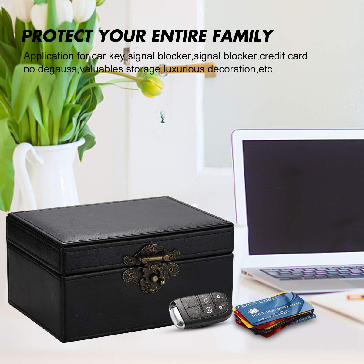 MONOJOY Faraday Box for Car Keys - Large Black RFID Signal Blocker Box | Anti-Theft Leather Key Fob Protector | Keyless Entry Remote Smart Key Storage | Perfect for Home, Office & Travel Security