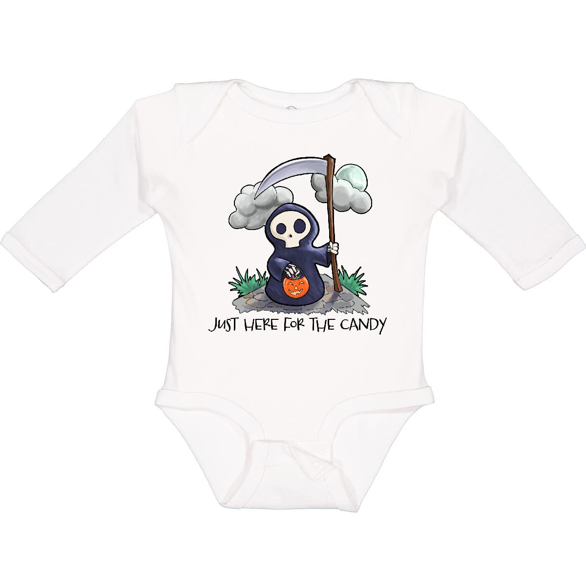 Inktastic Just Here for The Candy - Cute Grim Reaper Long Sleeve Creeper T-Shirt | Halloween Costume, Cosplay & Casual Wear