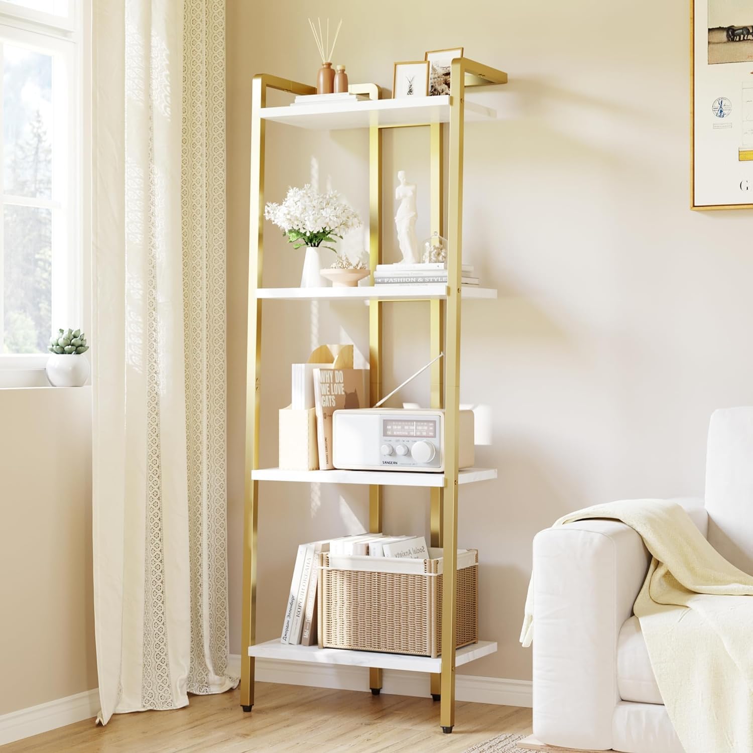 GARVEE 4-Tier Ladder Shelf - Gold Metal Frame with Marble Finish MDF Board, Adjustable Legs - Perfect for Living Room Storage, Home Office Organization & Kitchen Decor