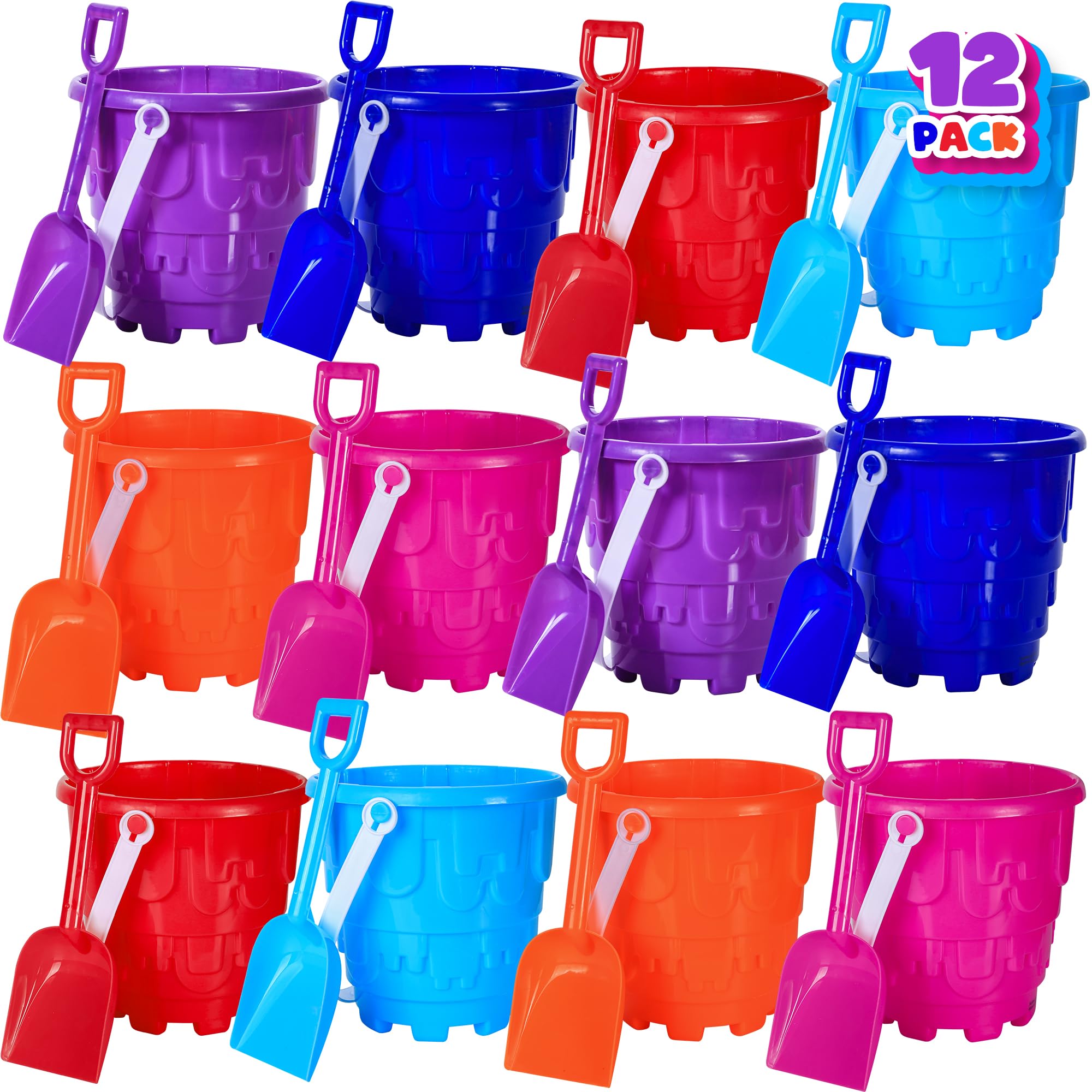 ArtCreativity 6 Inch Beach Sand Castle Bucket and Shovel Set - 12 Pails & 12 Shovels with Sand Castle Mold - Kids Sand Toys for Boys & Girls - Perfect for Beach Parties, Backyard Play & Summer Vacation Activities