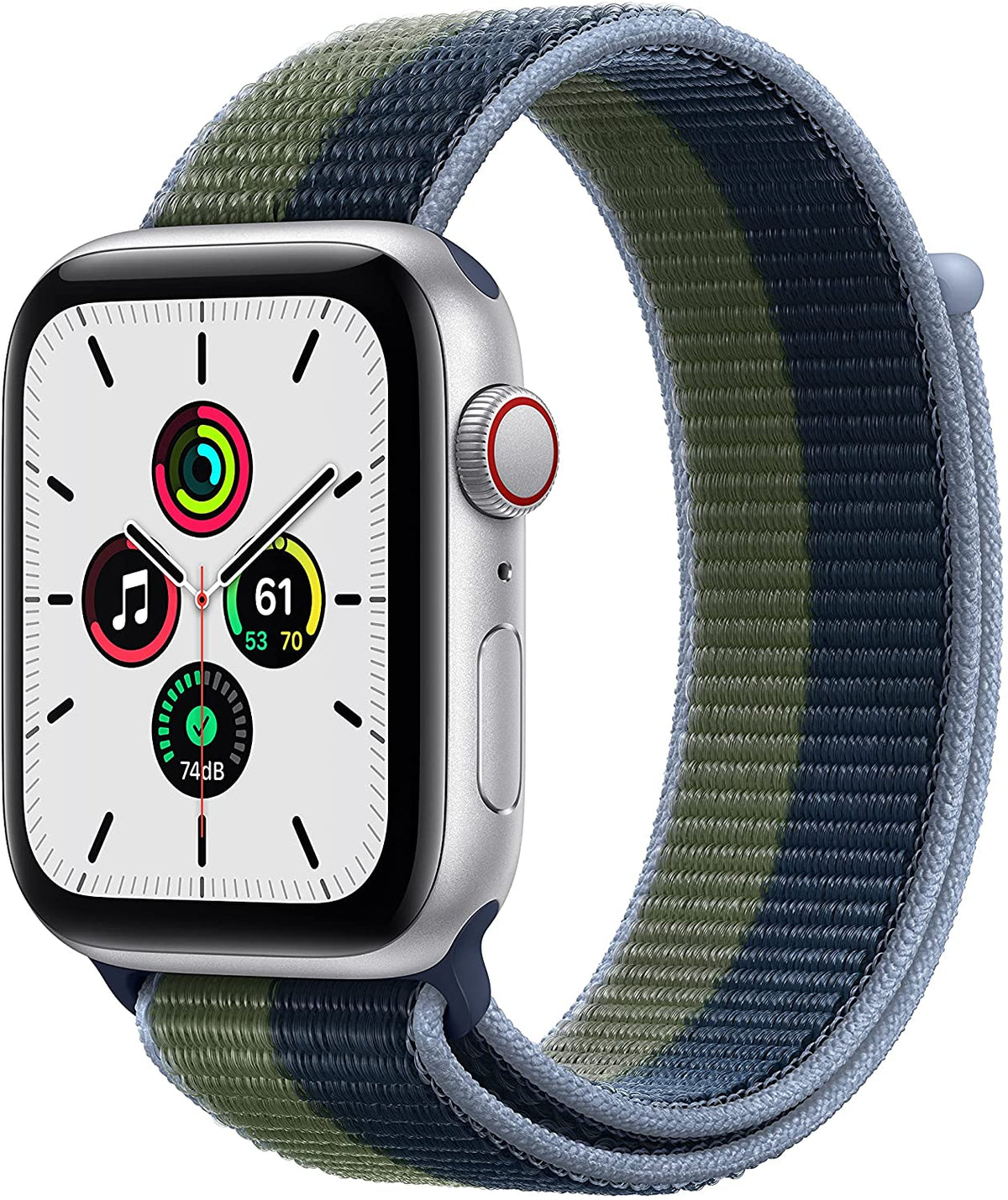 Apple Watch SE 44mm (GPS + Cellular) Silver Aluminum Case with Abyss Blue/Moss Green Sport Loop - Smartwatch for Fitness Tracking, Calls & Notifications - Perfect for Running, Swimming & Daily Use (MKRM3LL/A)