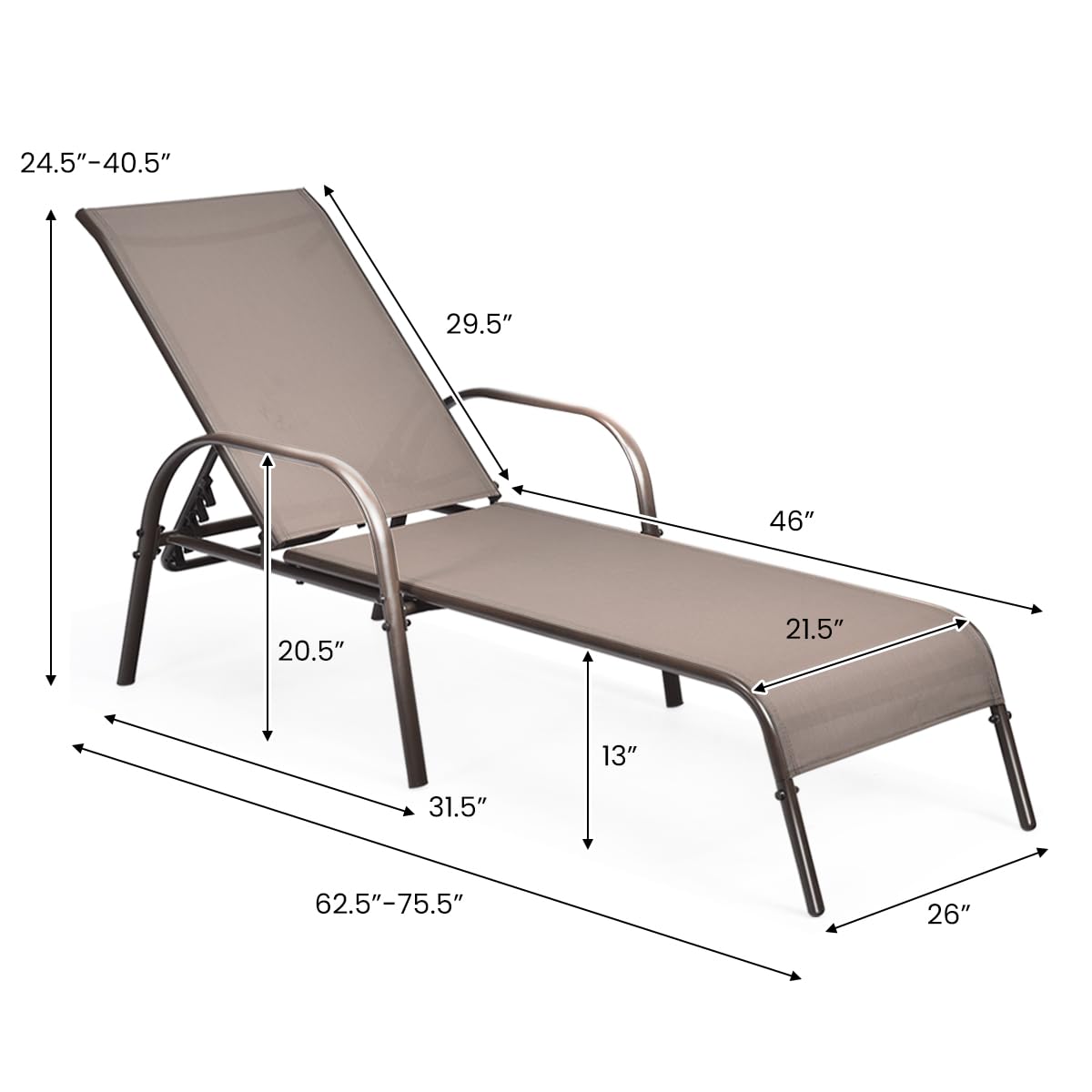 Giantex Adjustable Patio Lounge Chair - 5-Position Reclining Outdoor Chaise Lounge with Sturdy Steel Frame - Perfect for Sunbathing, Beach, Poolside, Backyard & Balcony Relaxation - Weather-Resistant Brown Outdoor Furniture