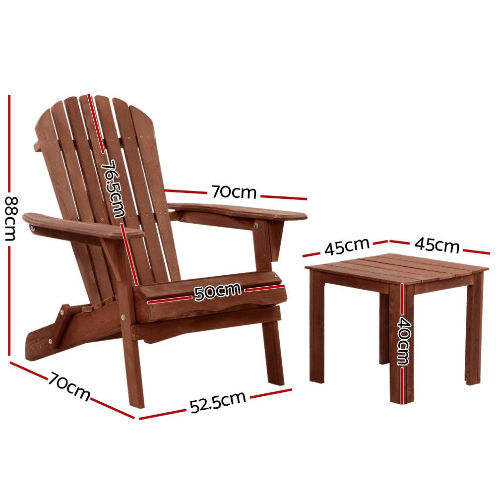 3PC Adirondack Outdoor Table and Chairs Set - Foldable Wooden Patio Furniture for Garden, Beach, Poolside - Weather-Resistant Brown Finish for Backyard Relaxation