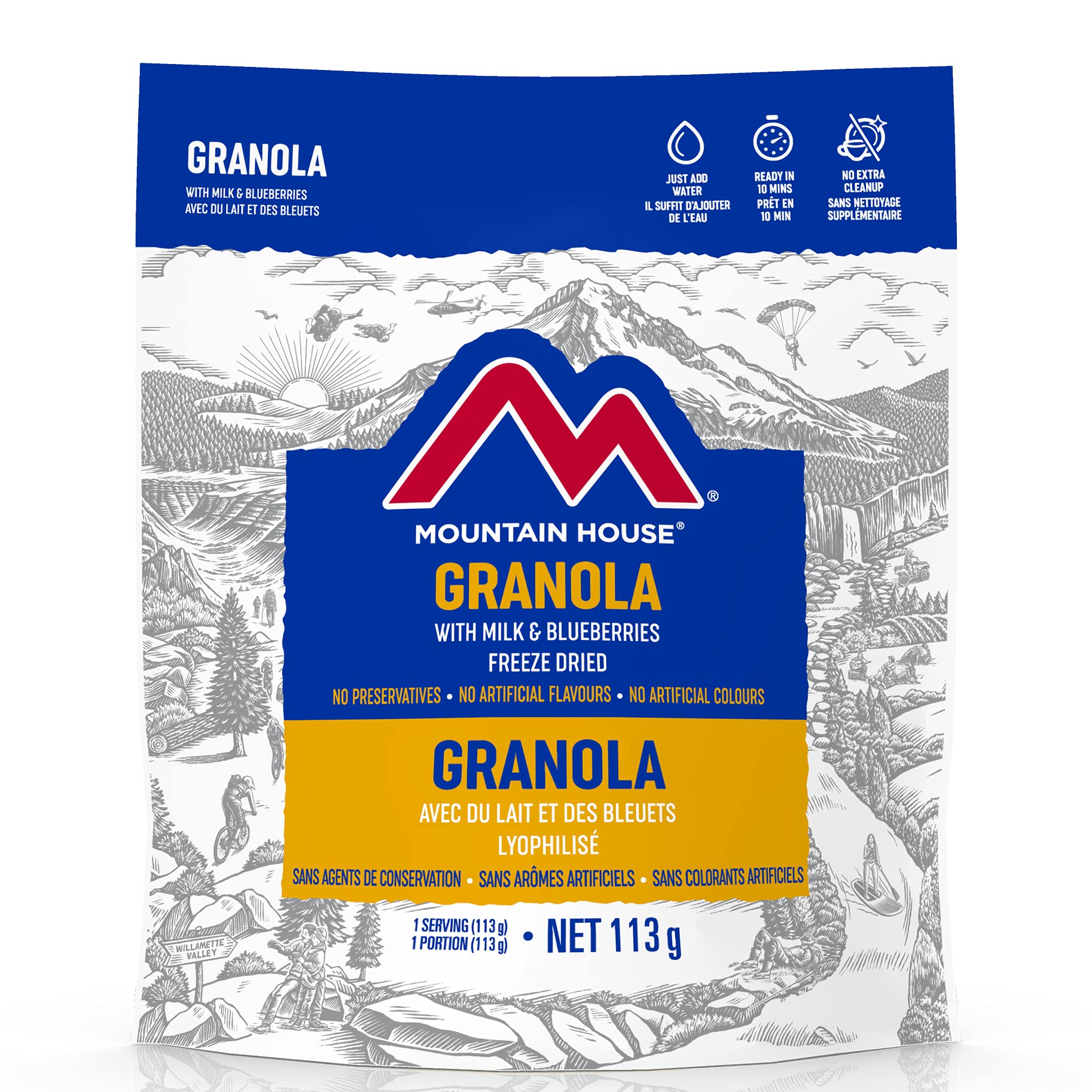 Mountain House Granola with Milk & Blueberries Freeze Dried Food Pouch | Lightweight Backpacking, Camping & Emergency Survival Meal | High-Protein Breakfast | Quick Prep 2-Minute Meal | Perfect for Hiking, Travel & Disaster Preparedness