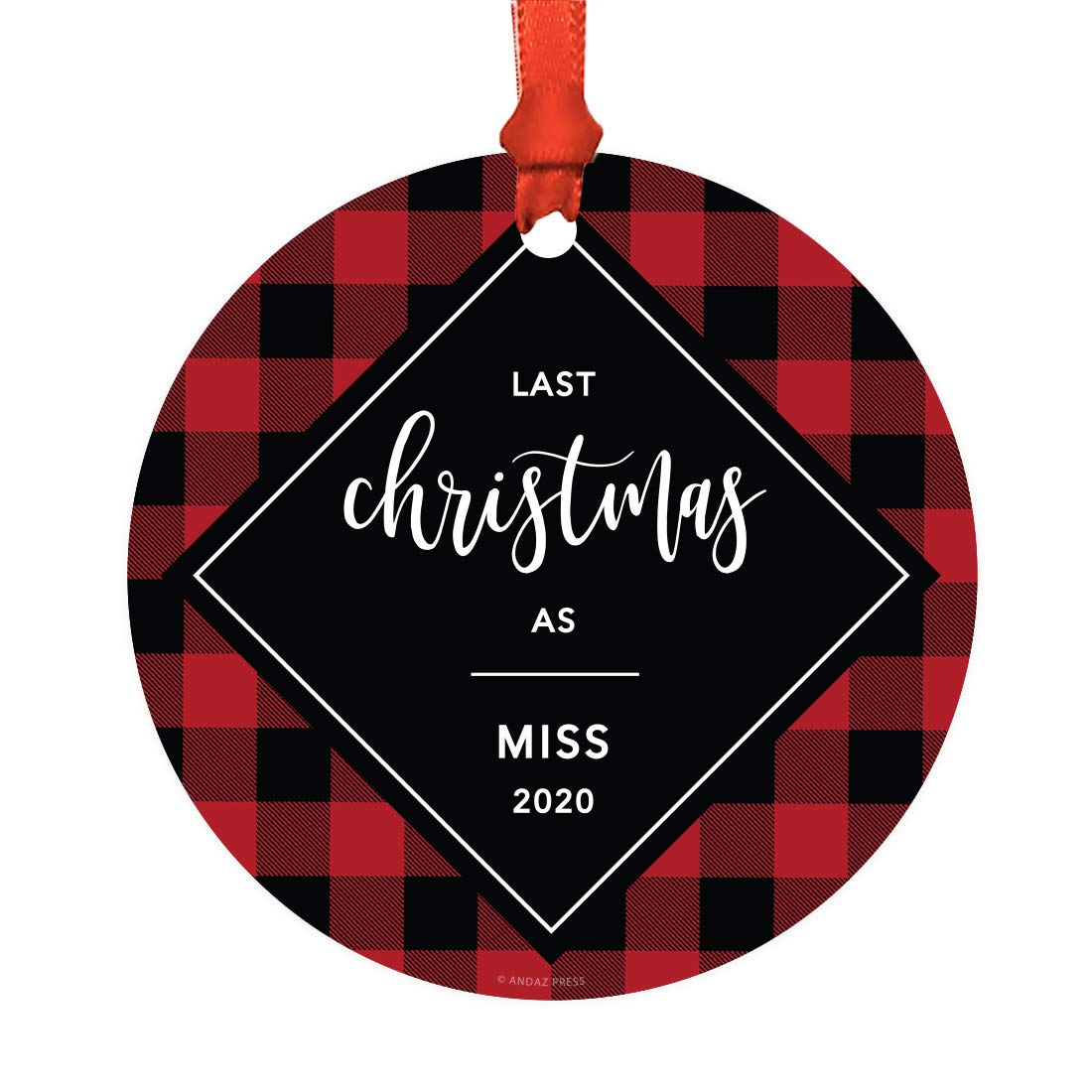 2025 Modern Buffalo Red Black Plaid Wedding Bridal Shower Christmas Ornament - Last Christmas as Miss - Metal Keepsake with Ribbon & Gift Bag (1-Pack) - Perfect for Engagement Parties, Holiday Decor & Bridal Gifts