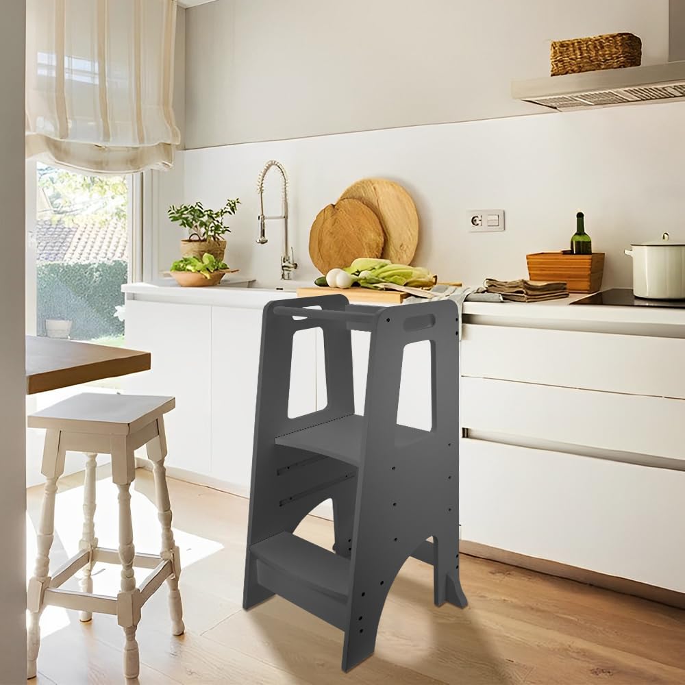 ZZBIQS Adjustable Wooden Kitchen Helper Tower for Toddlers - Safe Learning Step Stool for Kids Counter Access - Montessori Toddler Standing Tower (Grey) - Perfect for Baking, Cooking & Kitchen Learning Activities